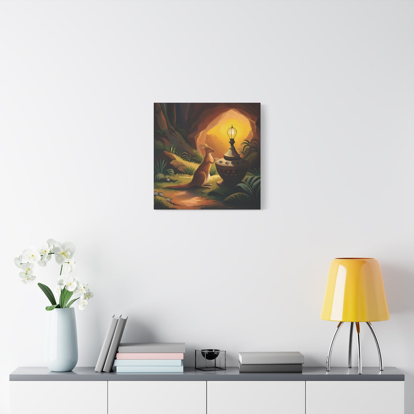 A Kangaroo at the Entrance of a Cave with a Mysterious Lamp - Thick Matte Canvas Print