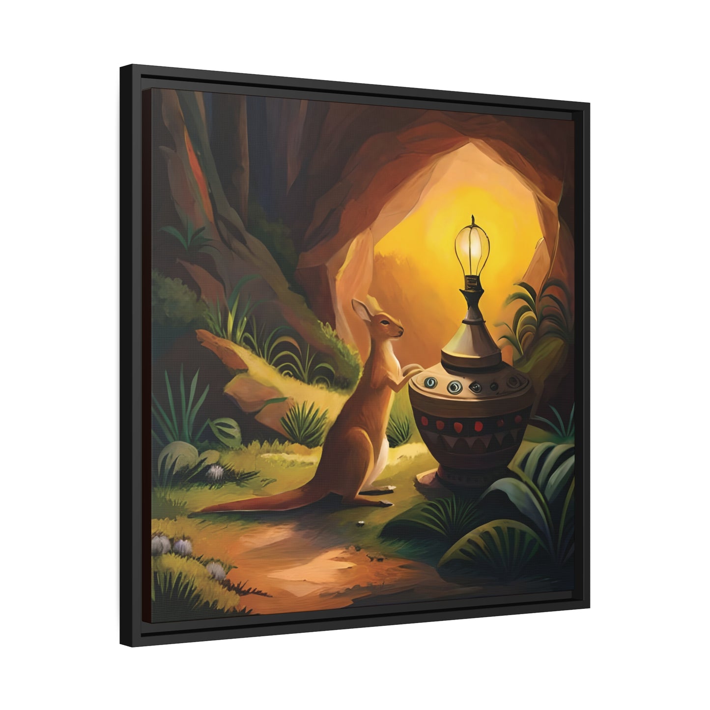 A Kangaroo at the Entrance of a Cave with a Mysterious Lamp - Thick Matte Canvas Print, Black Frame