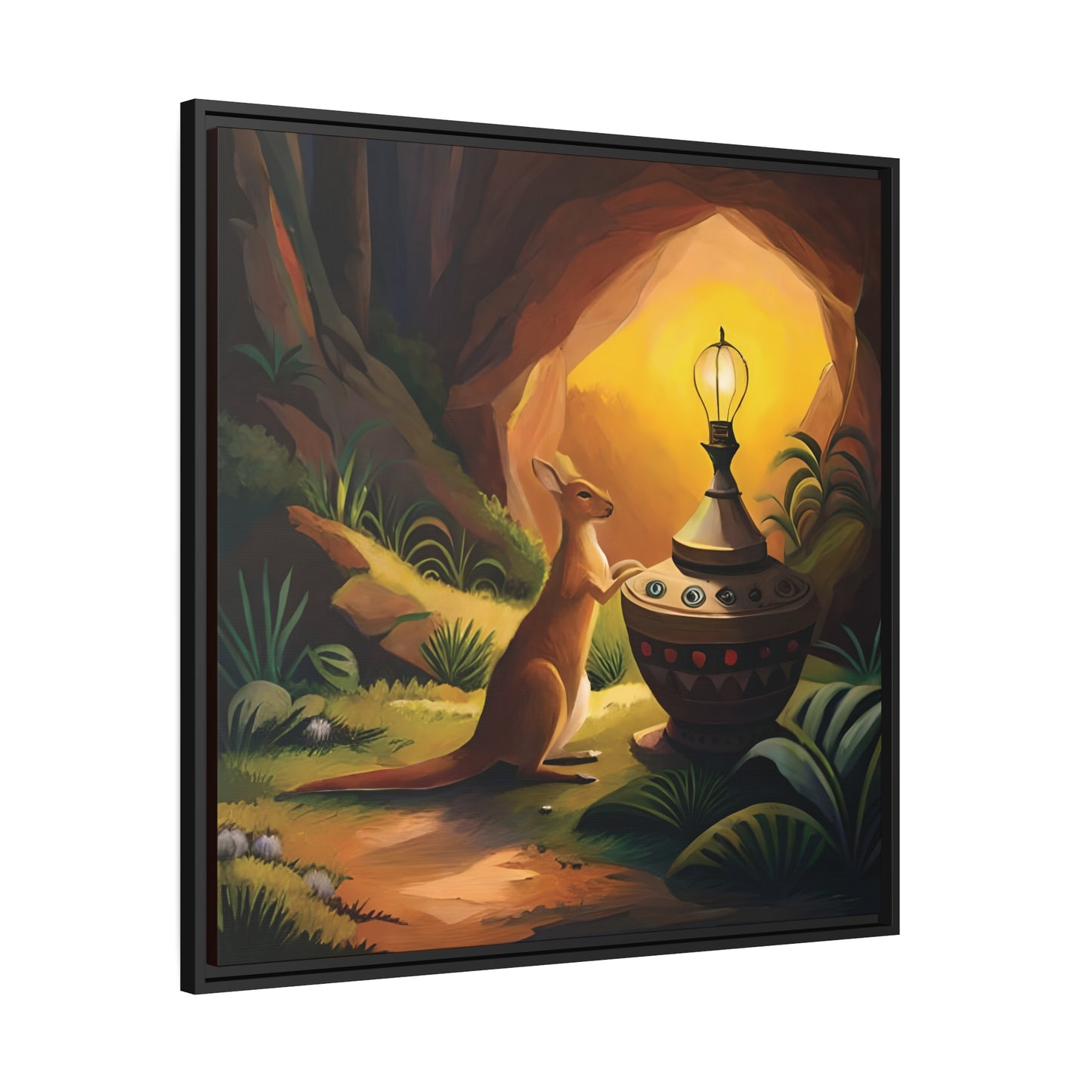 A Kangaroo at the Entrance of a Cave with a Mysterious Lamp - Thick Matte Canvas Print, Black Frame