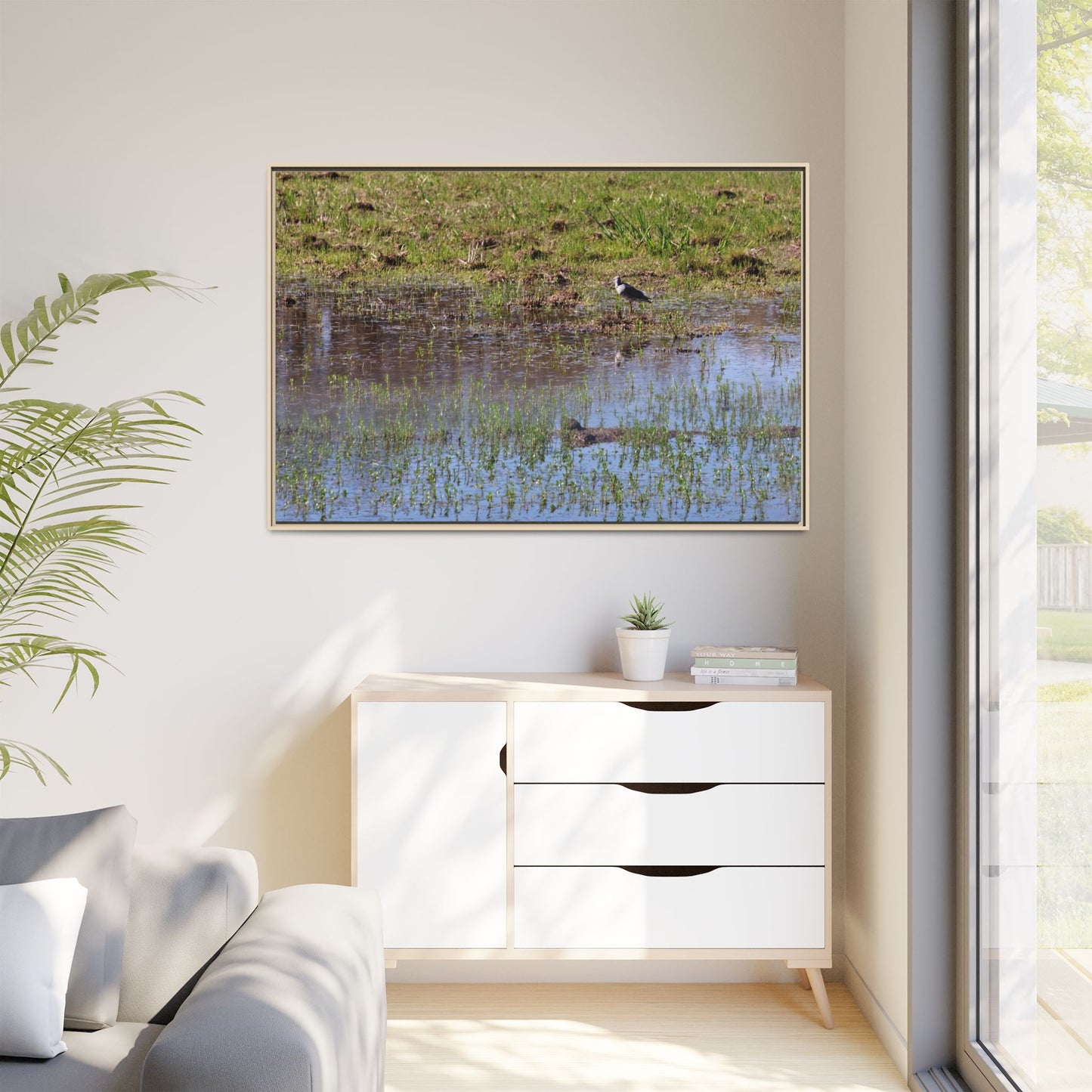 Sandpiper in Serene Wetland [2897] | Framed Canvas