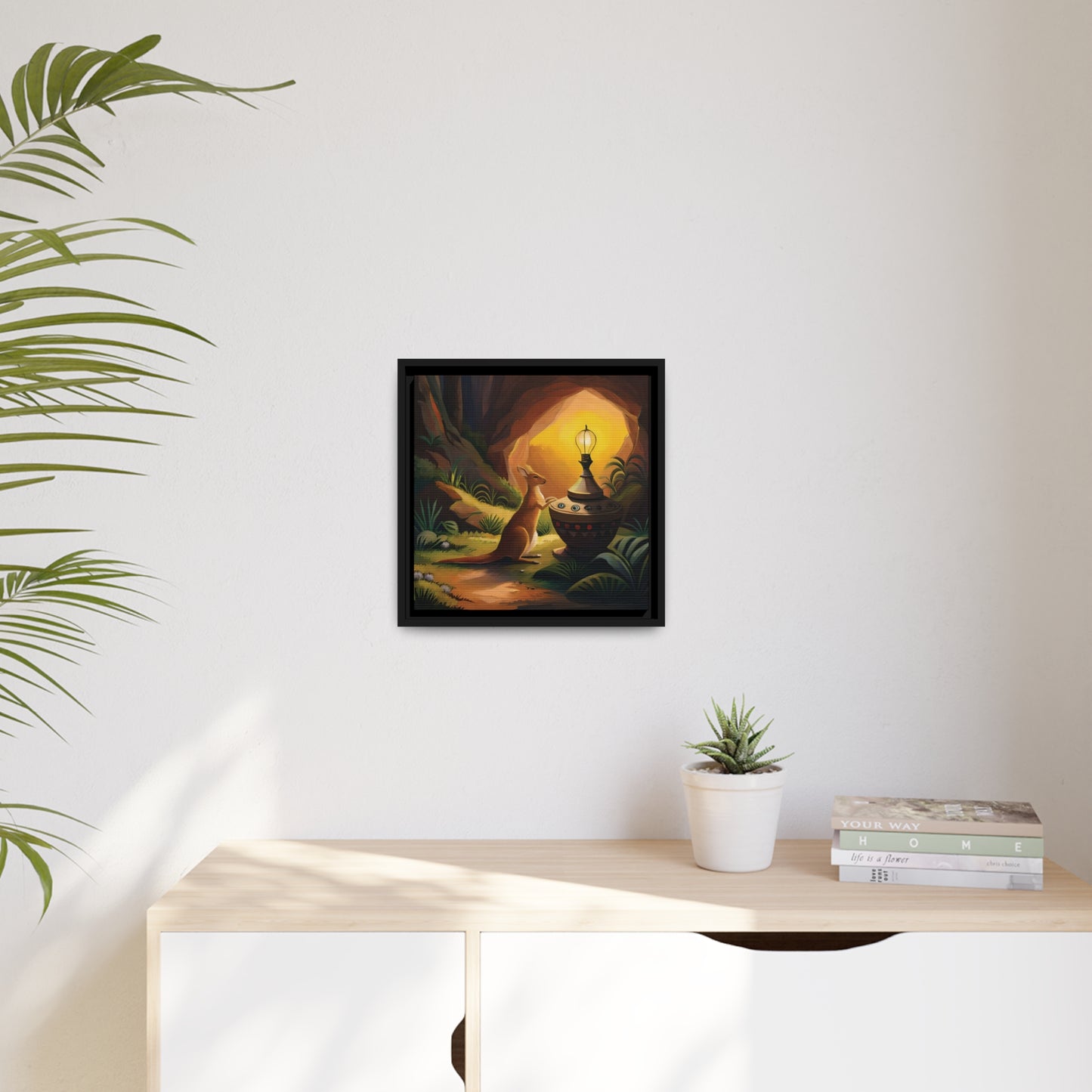 A Kangaroo at the Entrance of a Cave with a Mysterious Lamp - Thick Matte Canvas Print, Black Frame