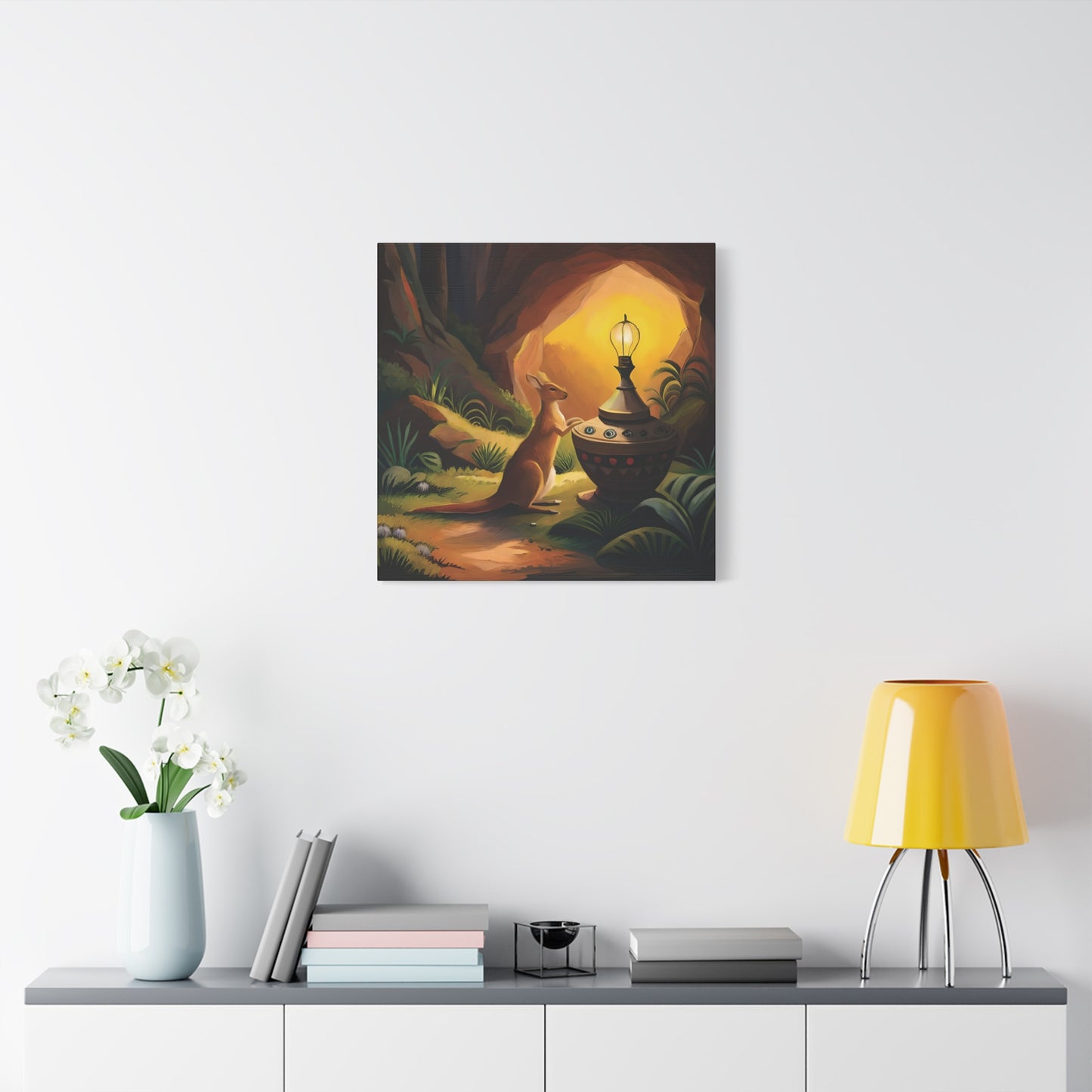 A Kangaroo at the Entrance of a Cave with a Mysterious Lamp - Thick Matte Canvas Print