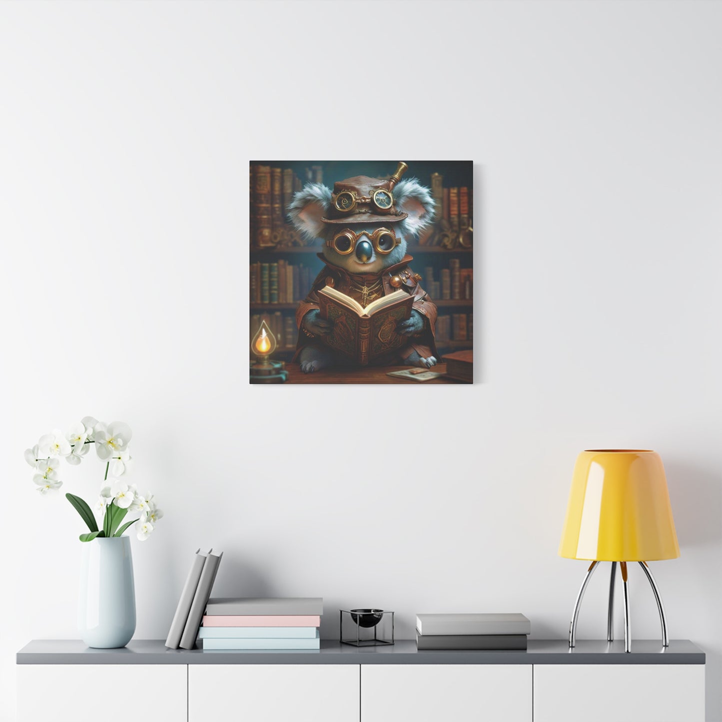 Steampunk Koala Warlock Reading Grimoire - Thick Matte Canvas Print