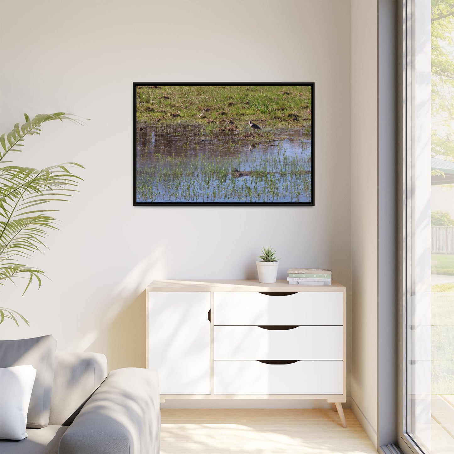 Sandpiper in Serene Wetland [2897] | Framed Canvas