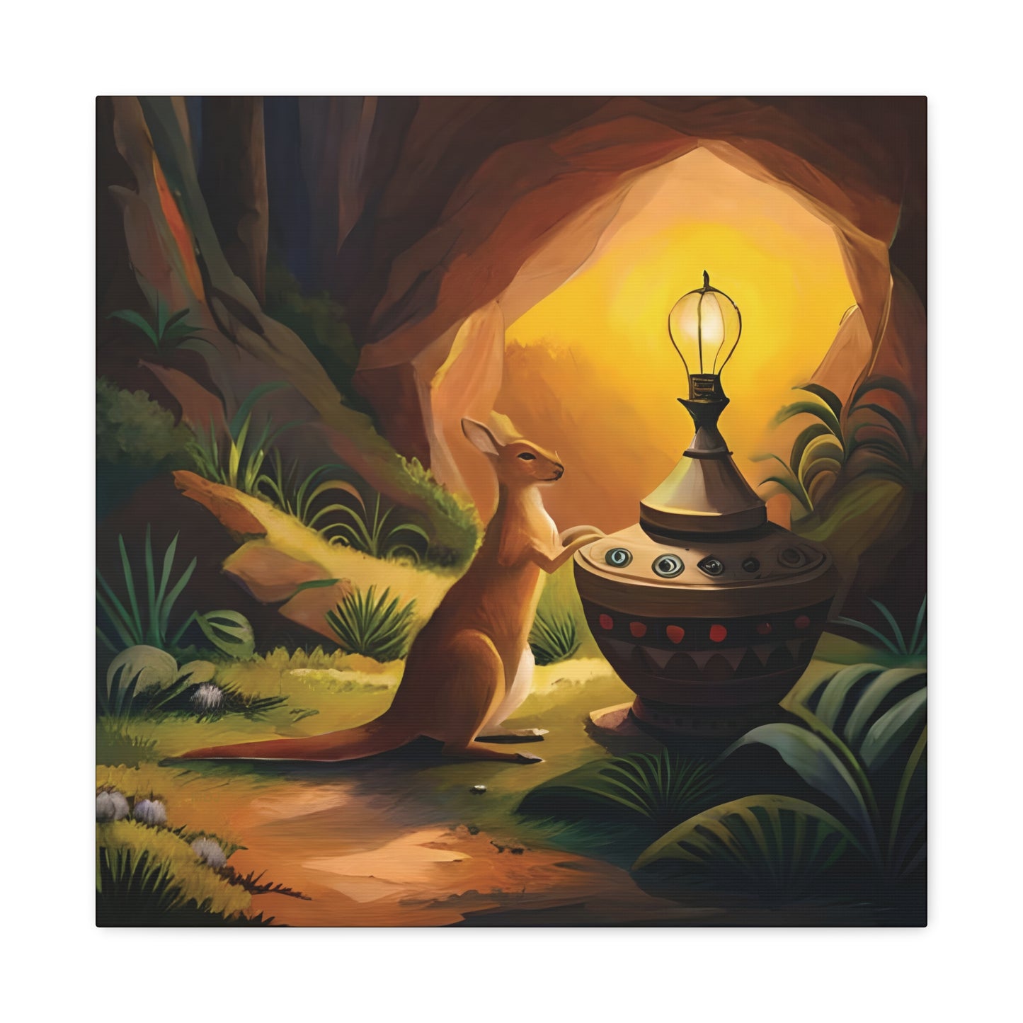 A Kangaroo at the Entrance of a Cave with a Mysterious Lamp - Thick Matte Canvas Print