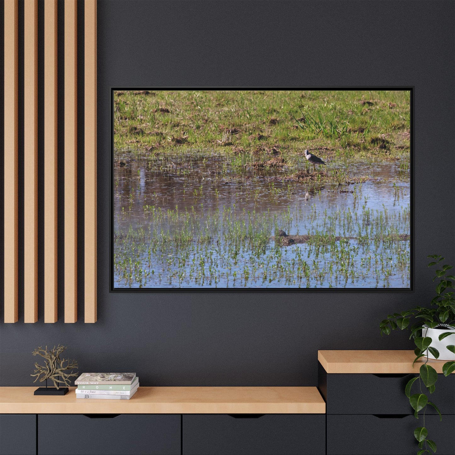 Sandpiper in Serene Wetland [2897] | Framed Canvas
