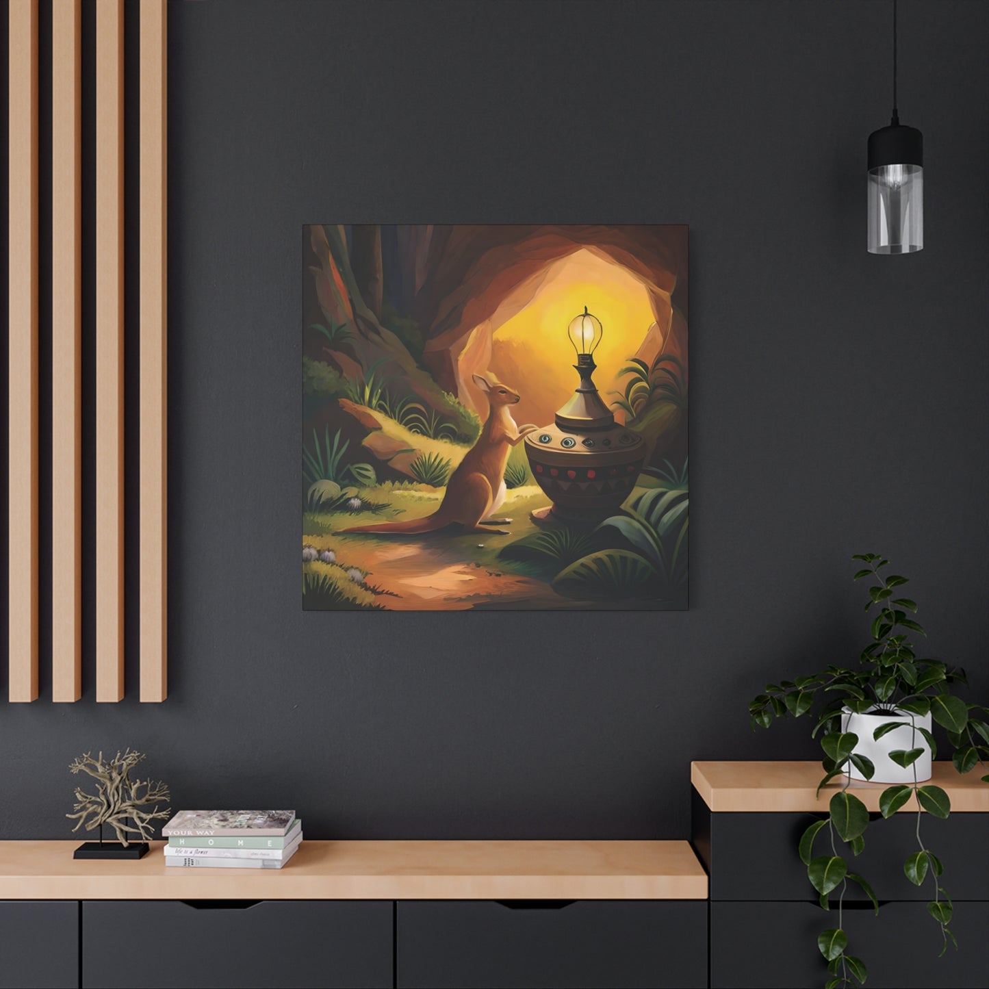 A Kangaroo at the Entrance of a Cave with a Mysterious Lamp - Thick Matte Canvas Print