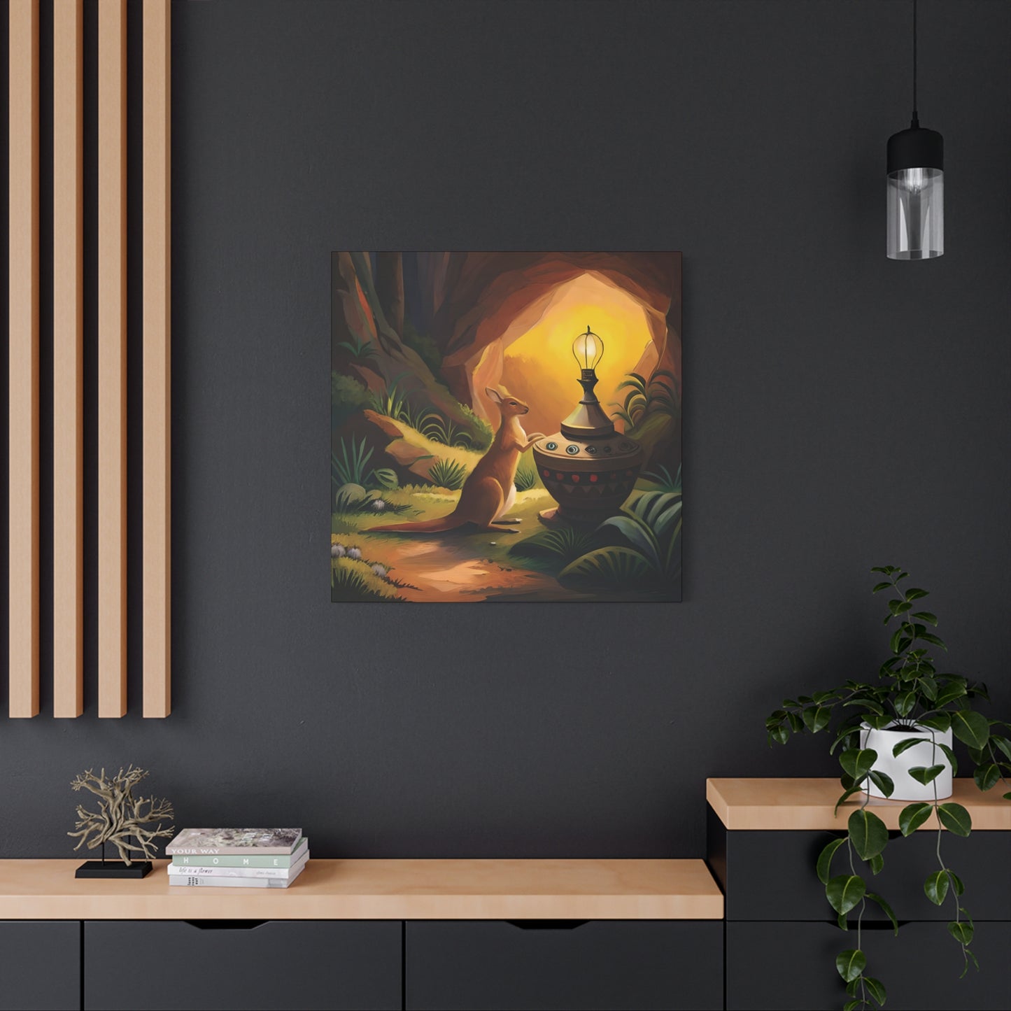 A Kangaroo at the Entrance of a Cave with a Mysterious Lamp - Thick Matte Canvas Print