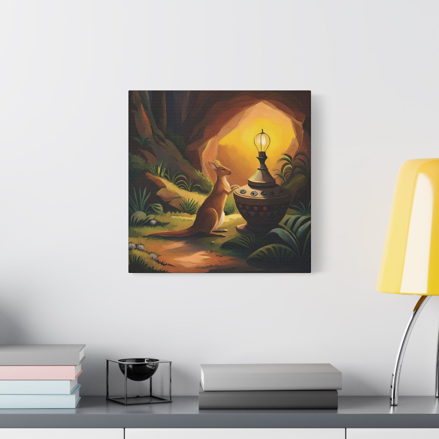 A Kangaroo at the Entrance of a Cave with a Mysterious Lamp - Thick Matte Canvas Print