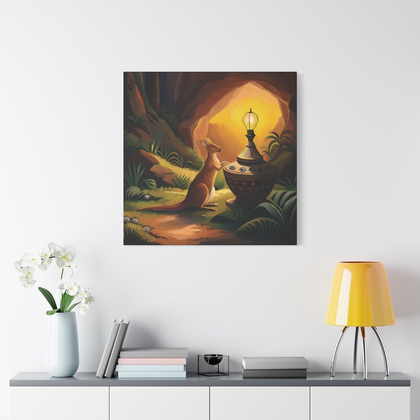 A Kangaroo at the Entrance of a Cave with a Mysterious Lamp - Thick Matte Canvas Print