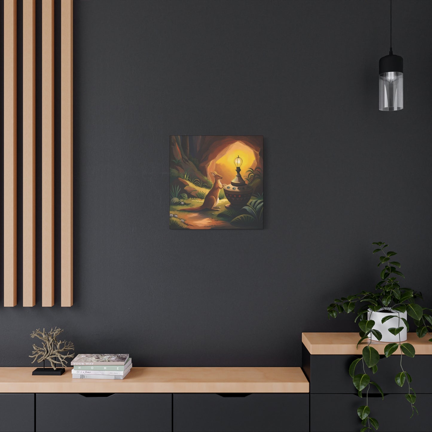 A Kangaroo at the Entrance of a Cave with a Mysterious Lamp - Thick Matte Canvas Print