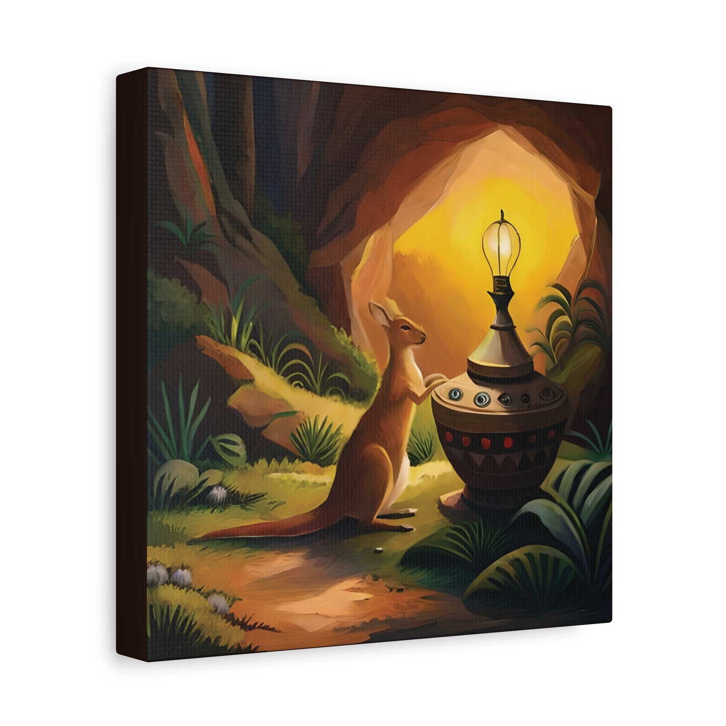 A Kangaroo at the Entrance of a Cave with a Mysterious Lamp - Thick Matte Canvas Print