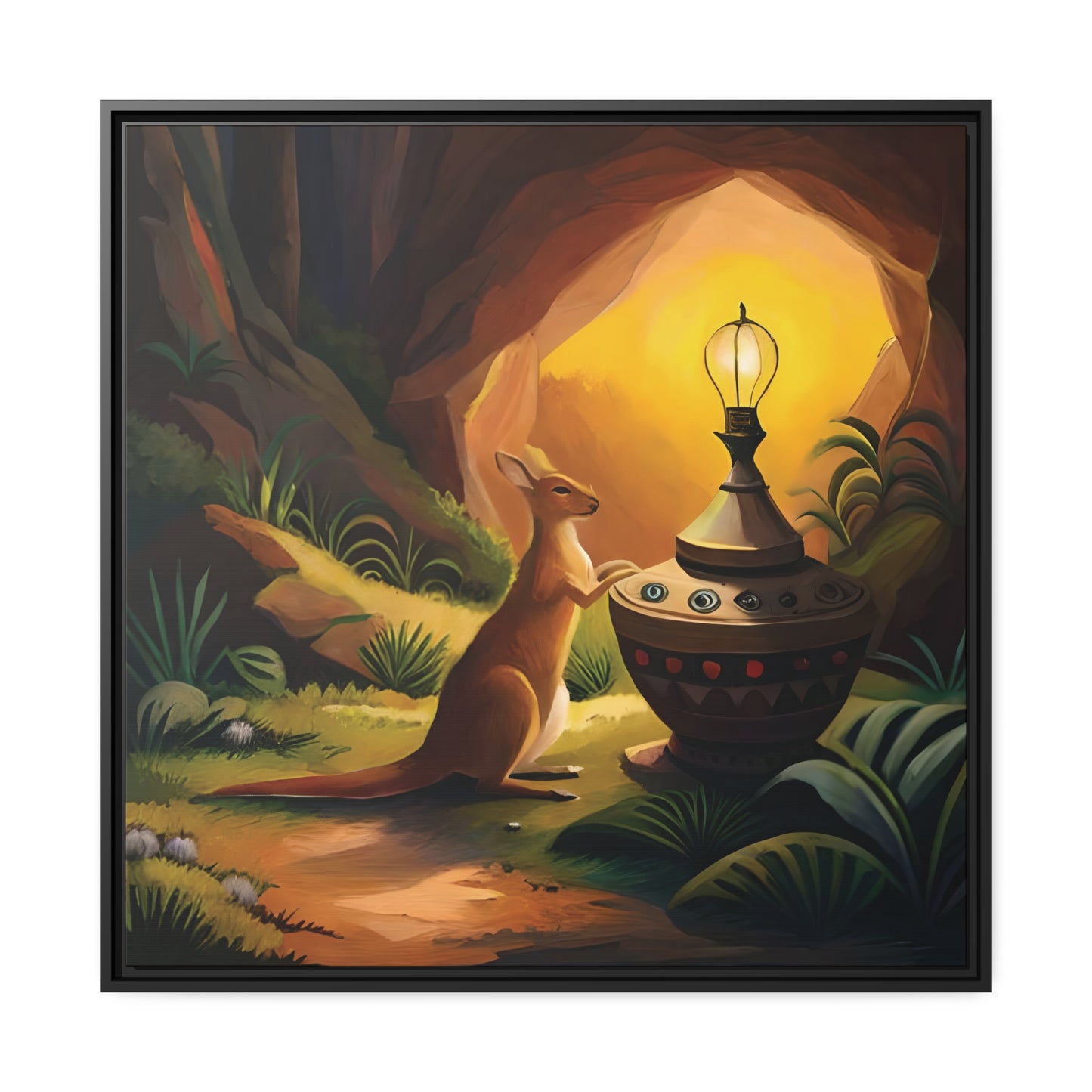 A Kangaroo at the Entrance of a Cave with a Mysterious Lamp - Thick Matte Canvas Print, Black Frame