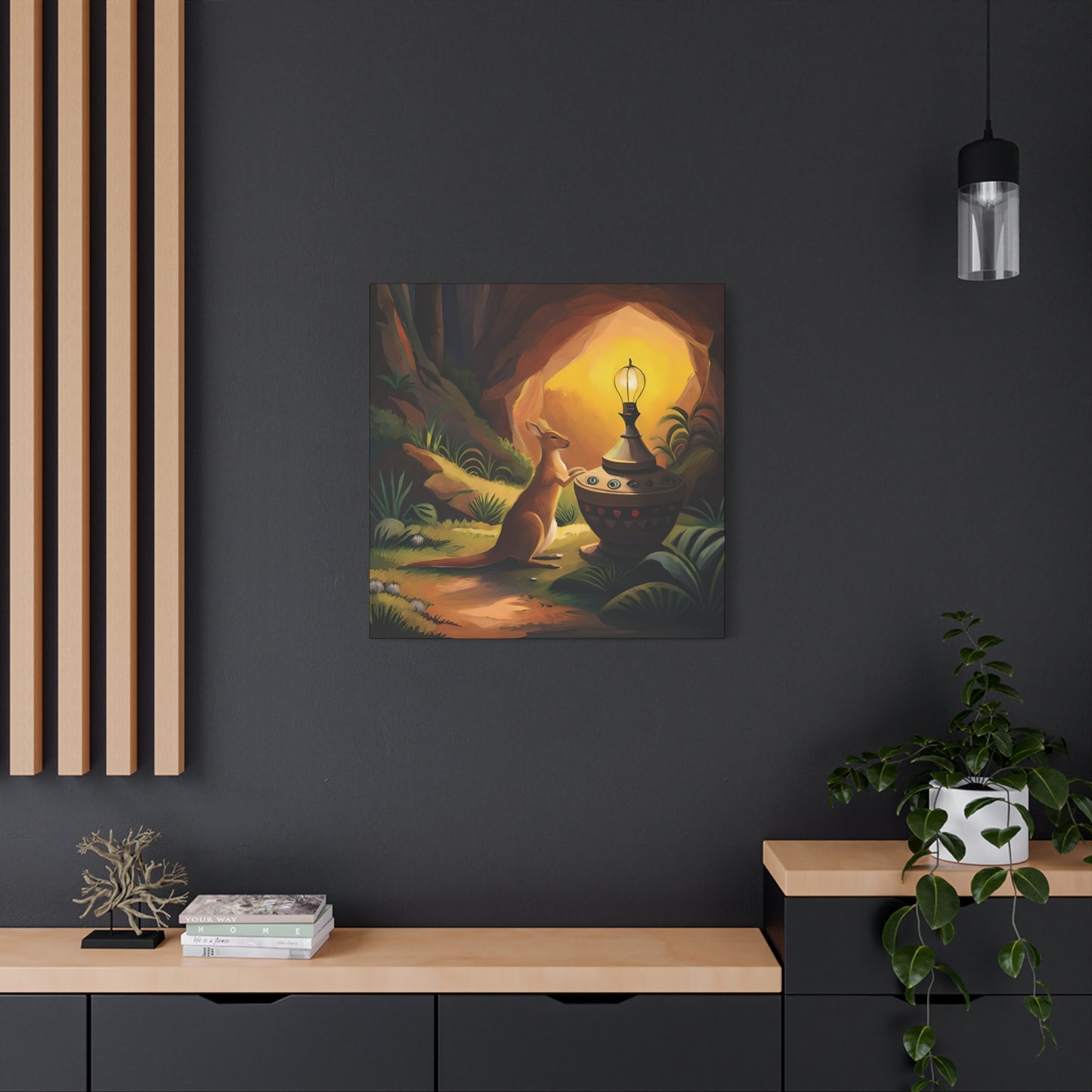 A Kangaroo at the Entrance of a Cave with a Mysterious Lamp - Thick Matte Canvas Print