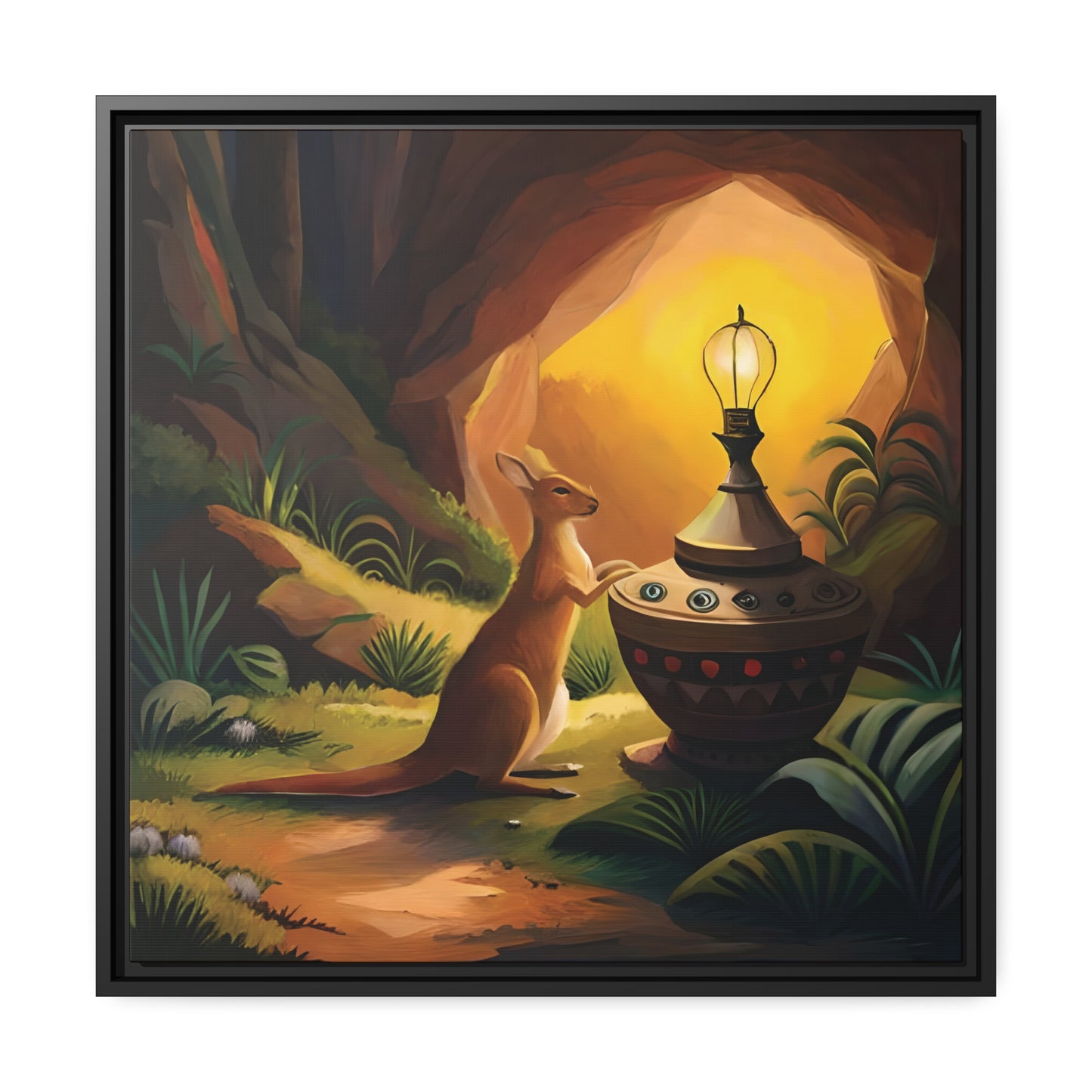 A Kangaroo at the Entrance of a Cave with a Mysterious Lamp - Thick Matte Canvas Print, Black Frame