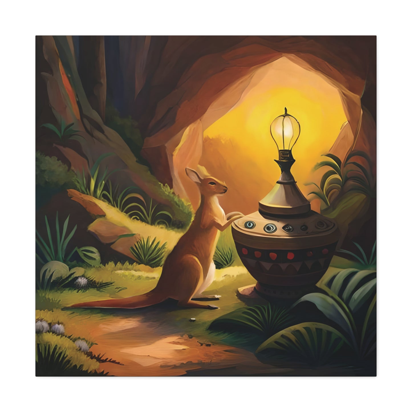 A Kangaroo at the Entrance of a Cave with a Mysterious Lamp - Thick Matte Canvas Print