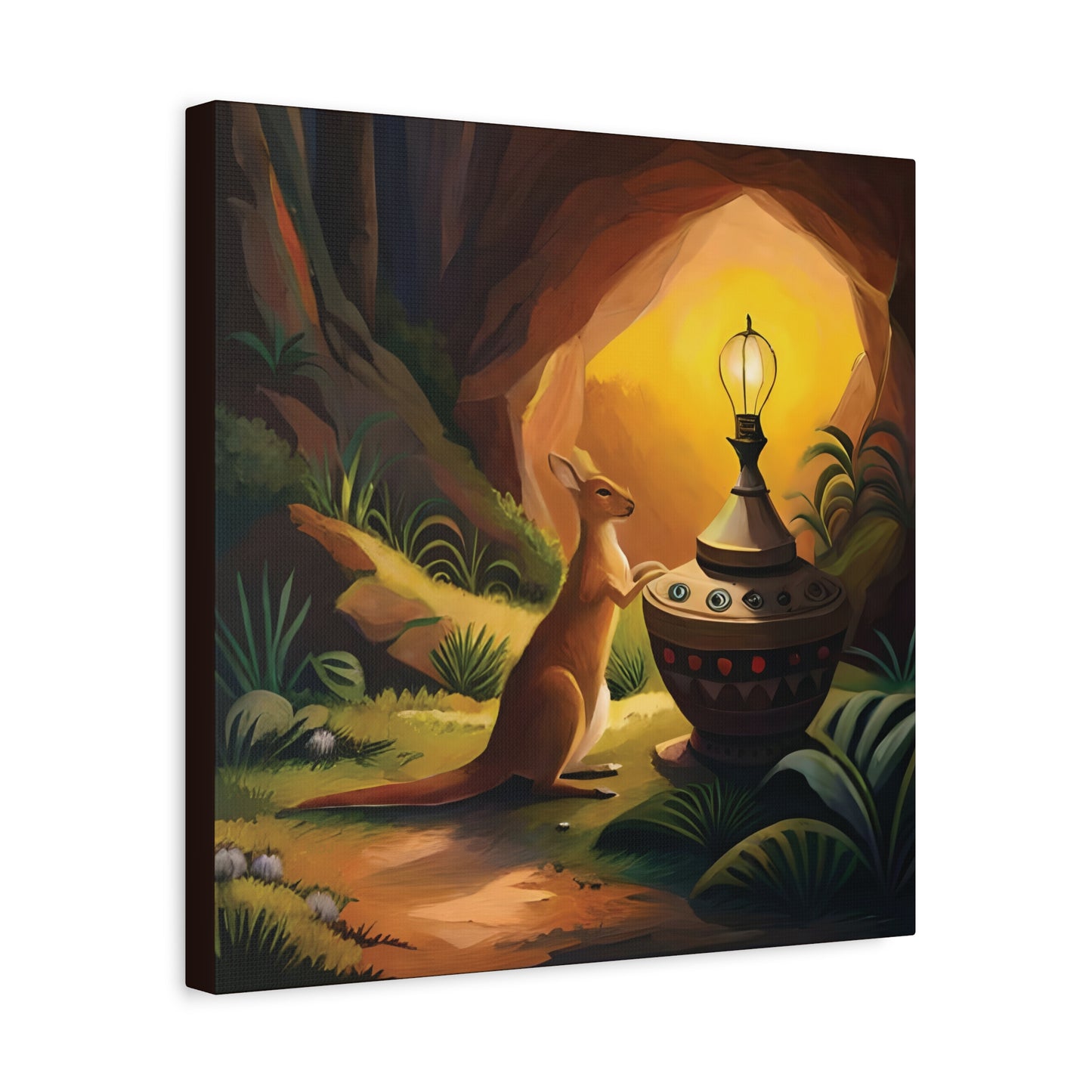 A Kangaroo at the Entrance of a Cave with a Mysterious Lamp - Thick Matte Canvas Print