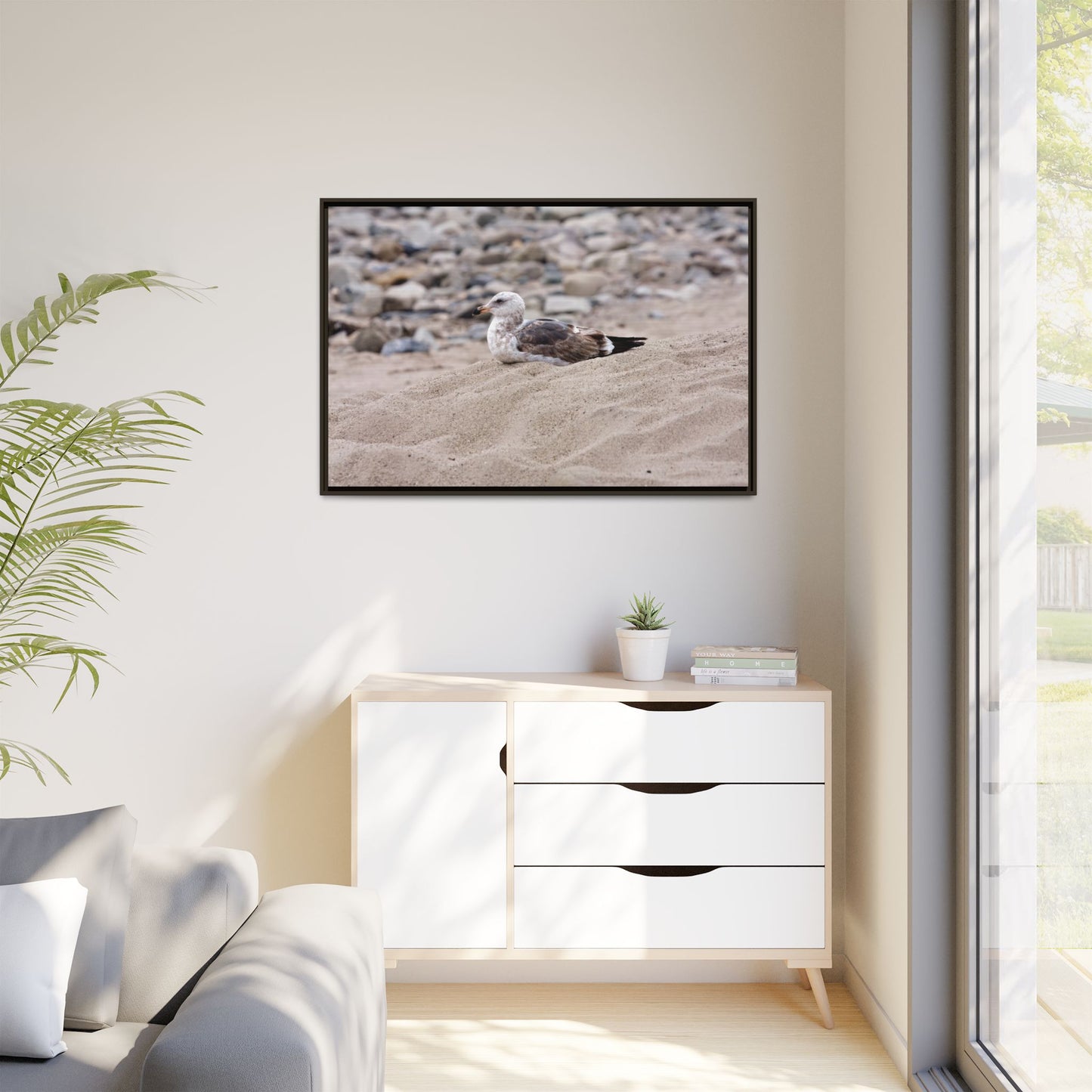 Seagull Serenity on the Shore 4278 - Thick Matte Canvas Print, Framed