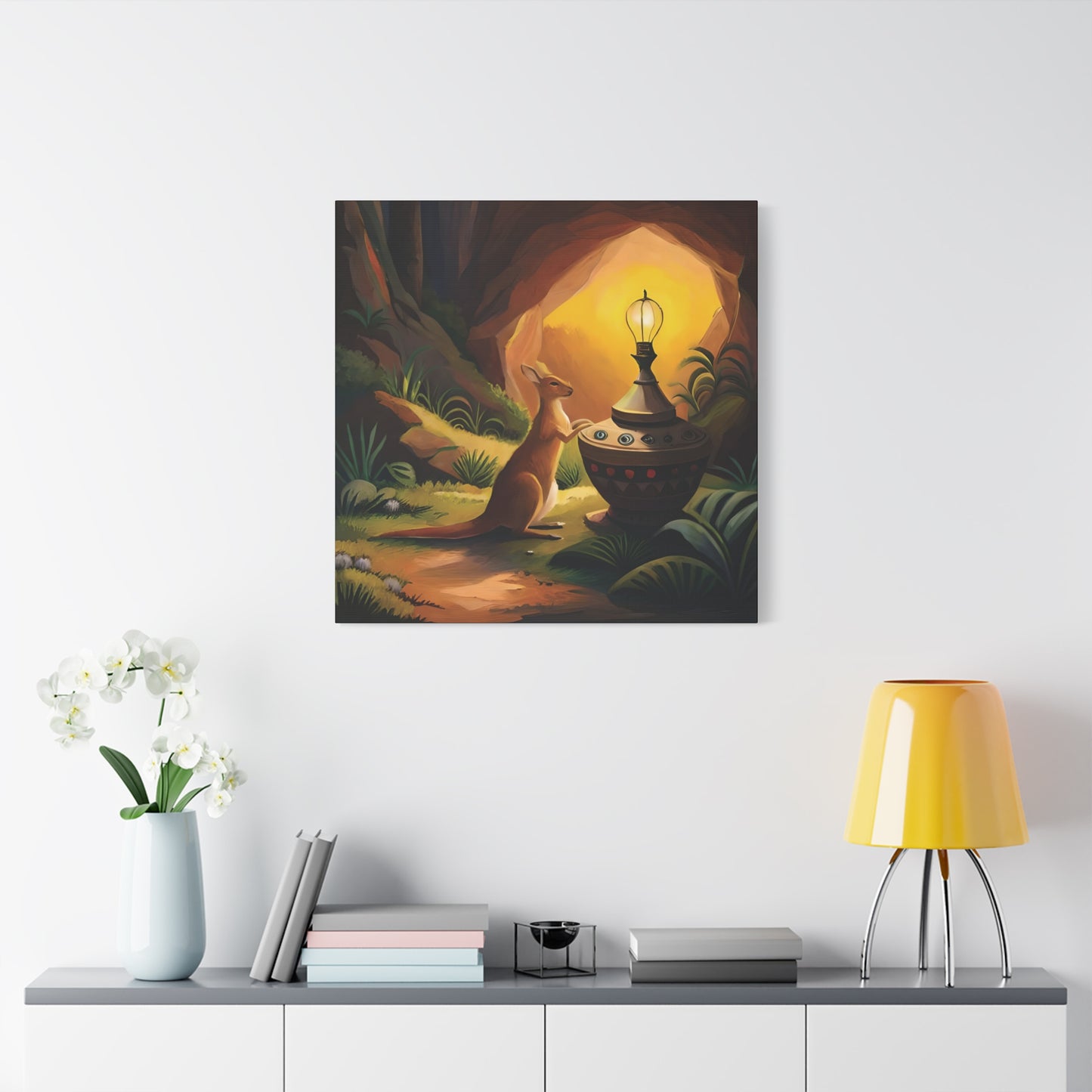 A Kangaroo at the Entrance of a Cave with a Mysterious Lamp - Thick Matte Canvas Print