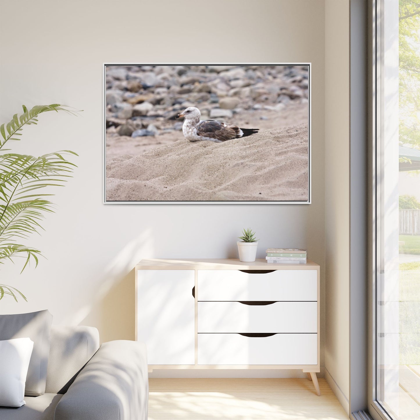 Seagull Serenity on the Shore 4278 - Thick Matte Canvas Print, Framed