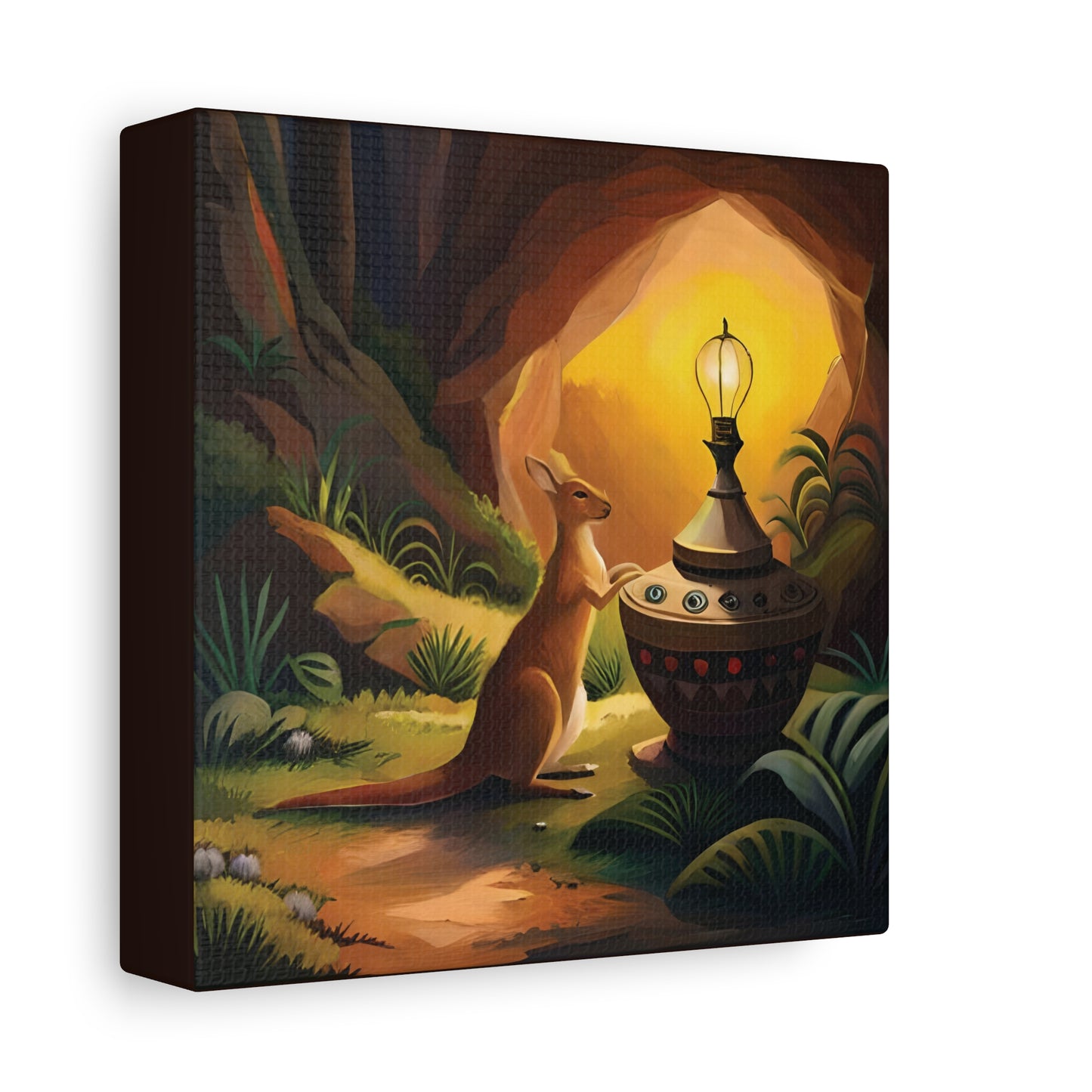 A Kangaroo at the Entrance of a Cave with a Mysterious Lamp - Thick Matte Canvas Print