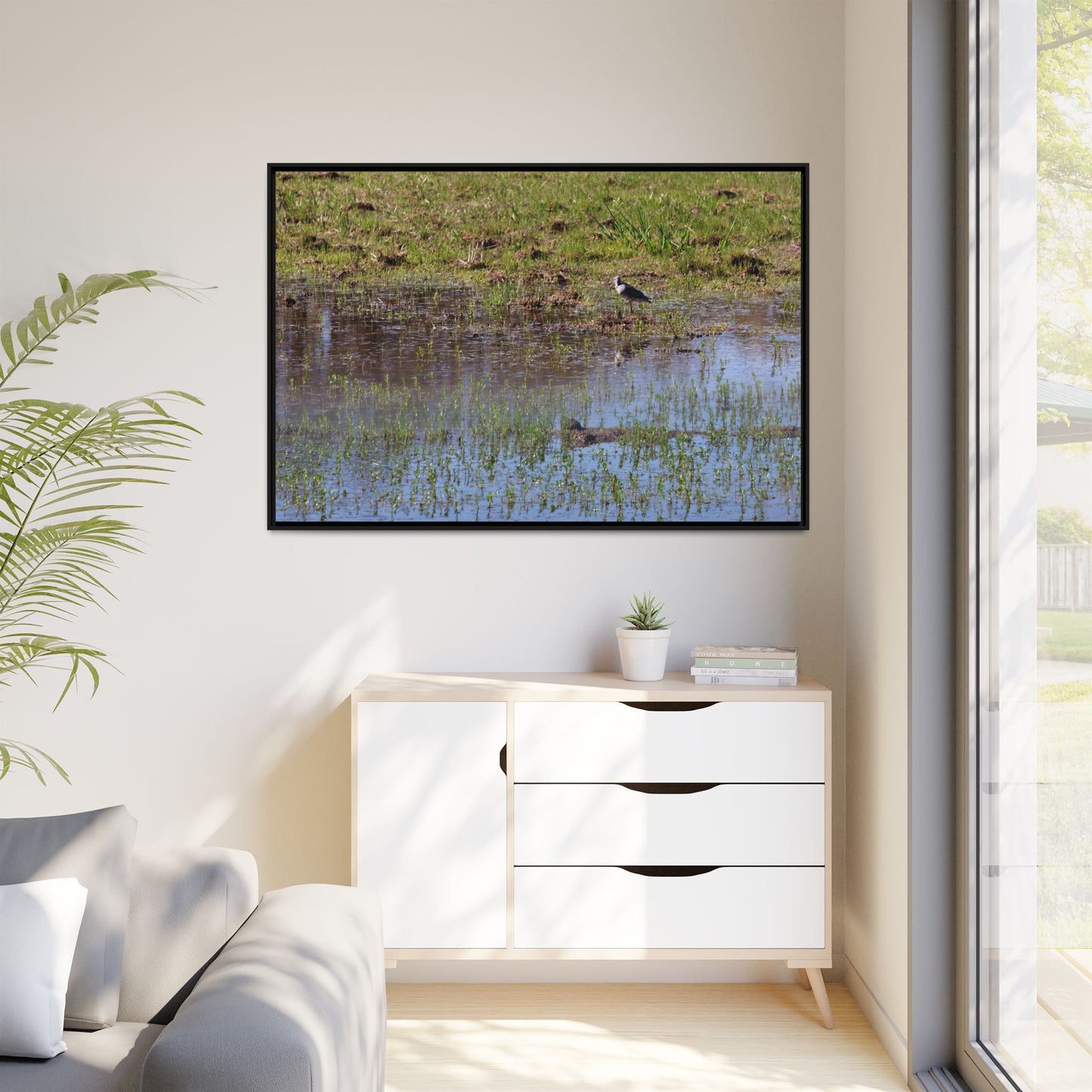 Sandpiper in Serene Wetland [2897] | Framed Canvas