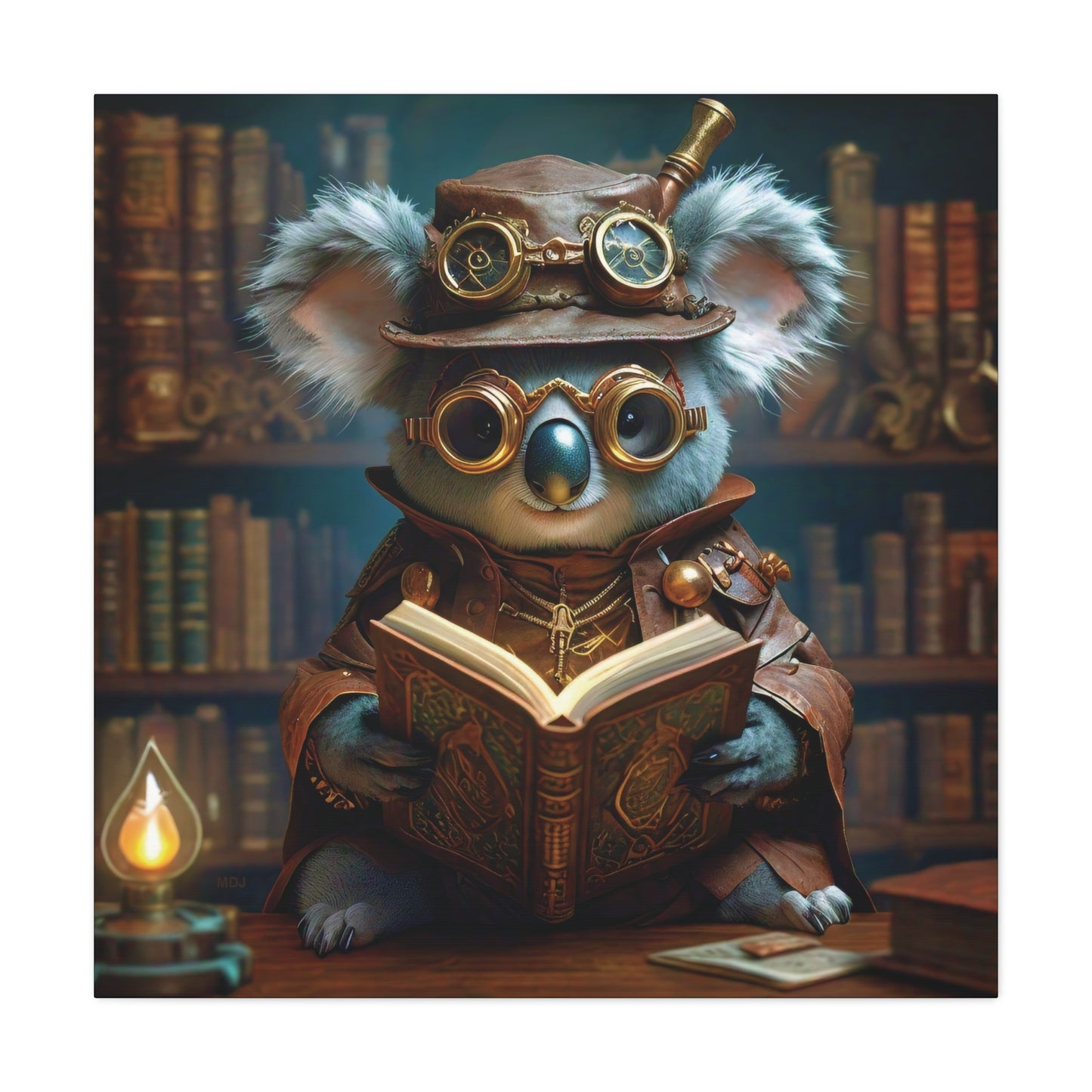 Steampunk Koala Warlock Reading Grimoire - Thick Matte Canvas Print