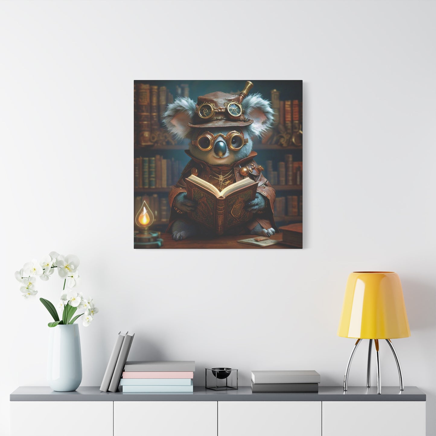 Steampunk Koala Warlock Reading Grimoire - Thick Matte Canvas Print