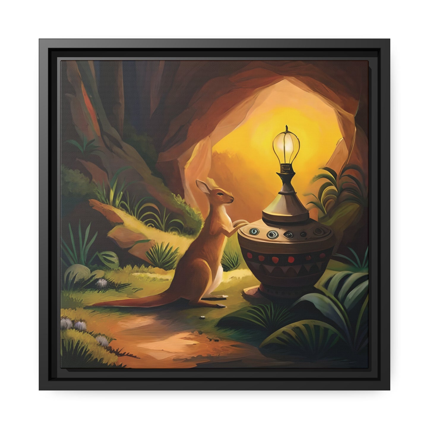 A Kangaroo at the Entrance of a Cave with a Mysterious Lamp - Thick Matte Canvas Print, Black Frame