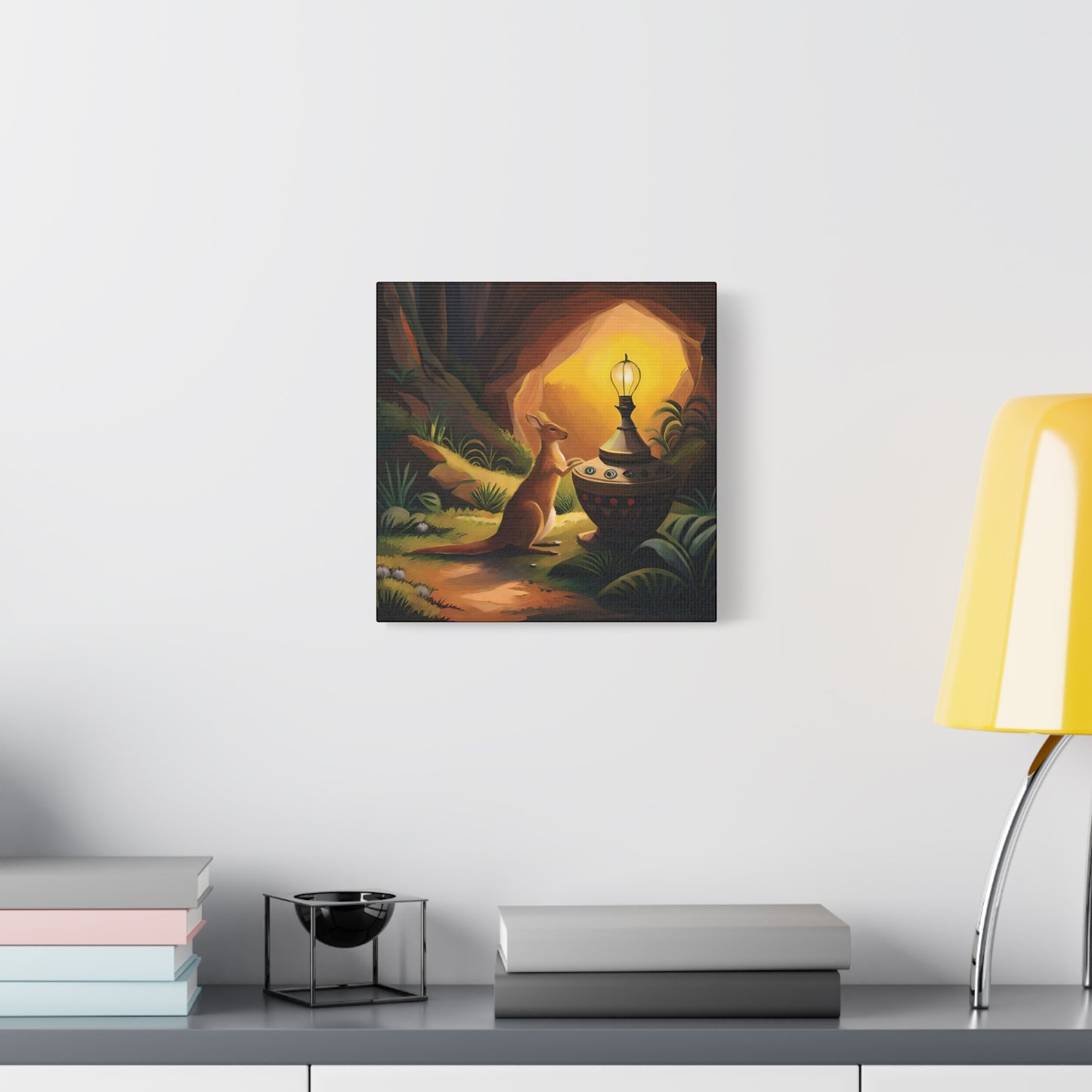 A Kangaroo at the Entrance of a Cave with a Mysterious Lamp - Thick Matte Canvas Print