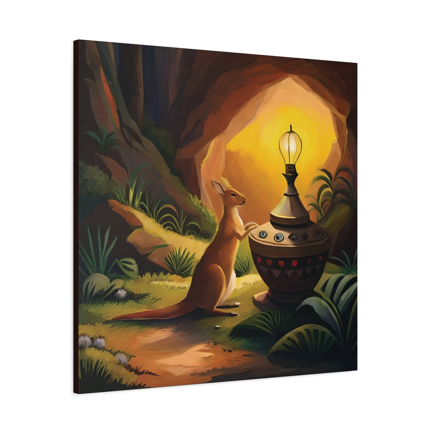 A Kangaroo at the Entrance of a Cave with a Mysterious Lamp - Thick Matte Canvas Print