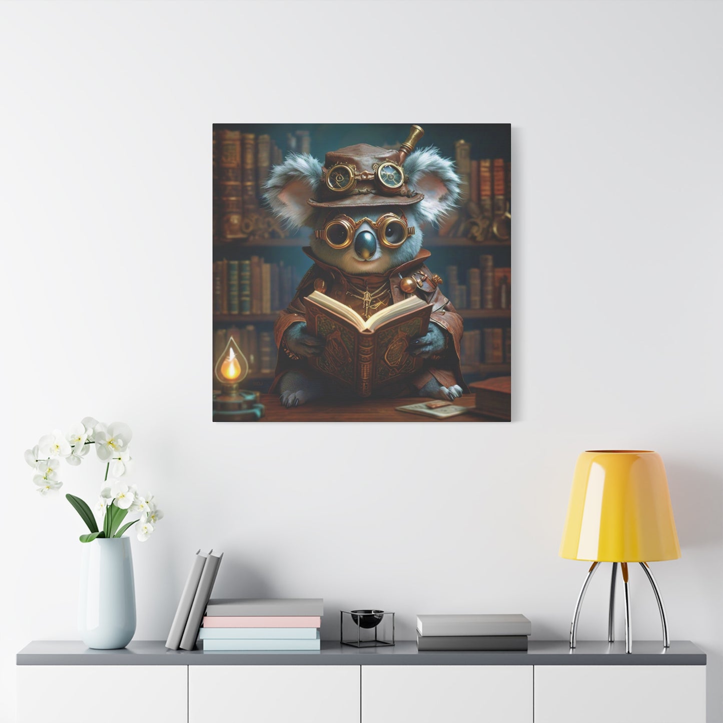 Steampunk Koala Warlock Reading Grimoire - Thick Matte Canvas Print