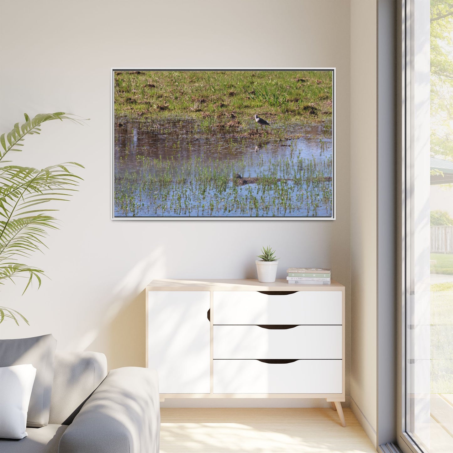 Sandpiper in Serene Wetland [2897] | Framed Canvas