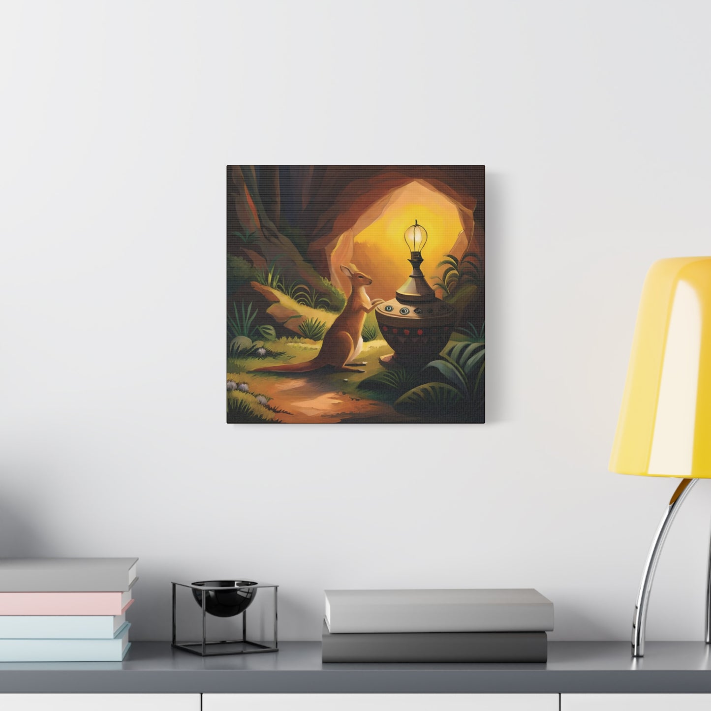 A Kangaroo at the Entrance of a Cave with a Mysterious Lamp - Thick Matte Canvas Print