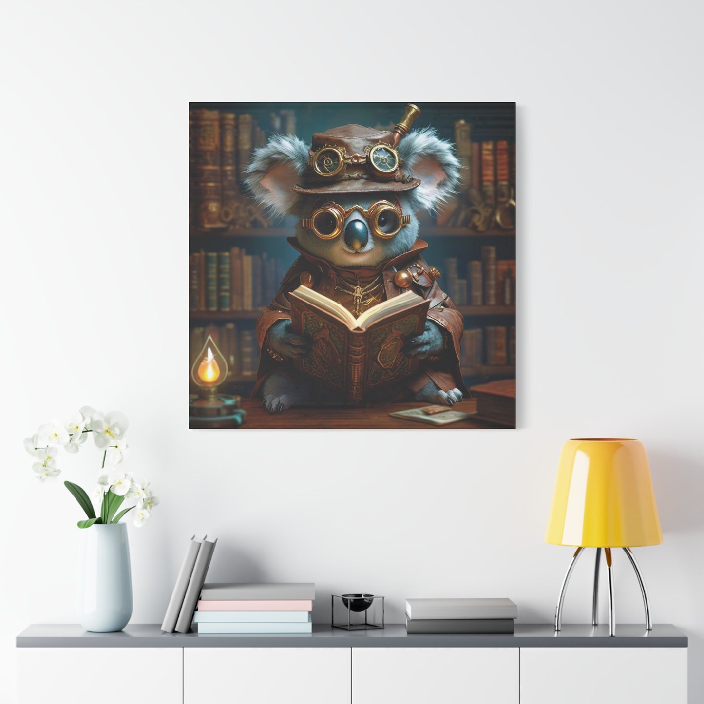 Steampunk Koala Warlock Reading Grimoire - Thick Matte Canvas Print