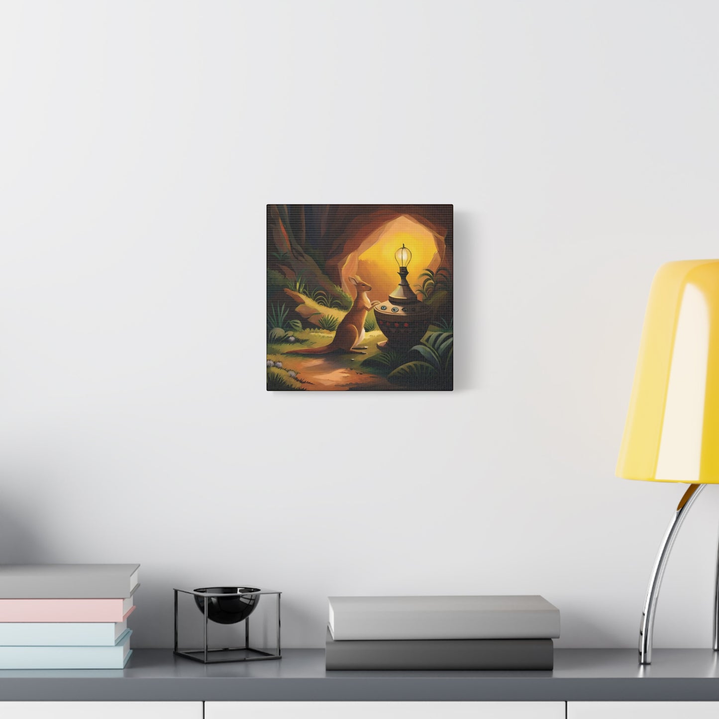 A Kangaroo at the Entrance of a Cave with a Mysterious Lamp - Thick Matte Canvas Print