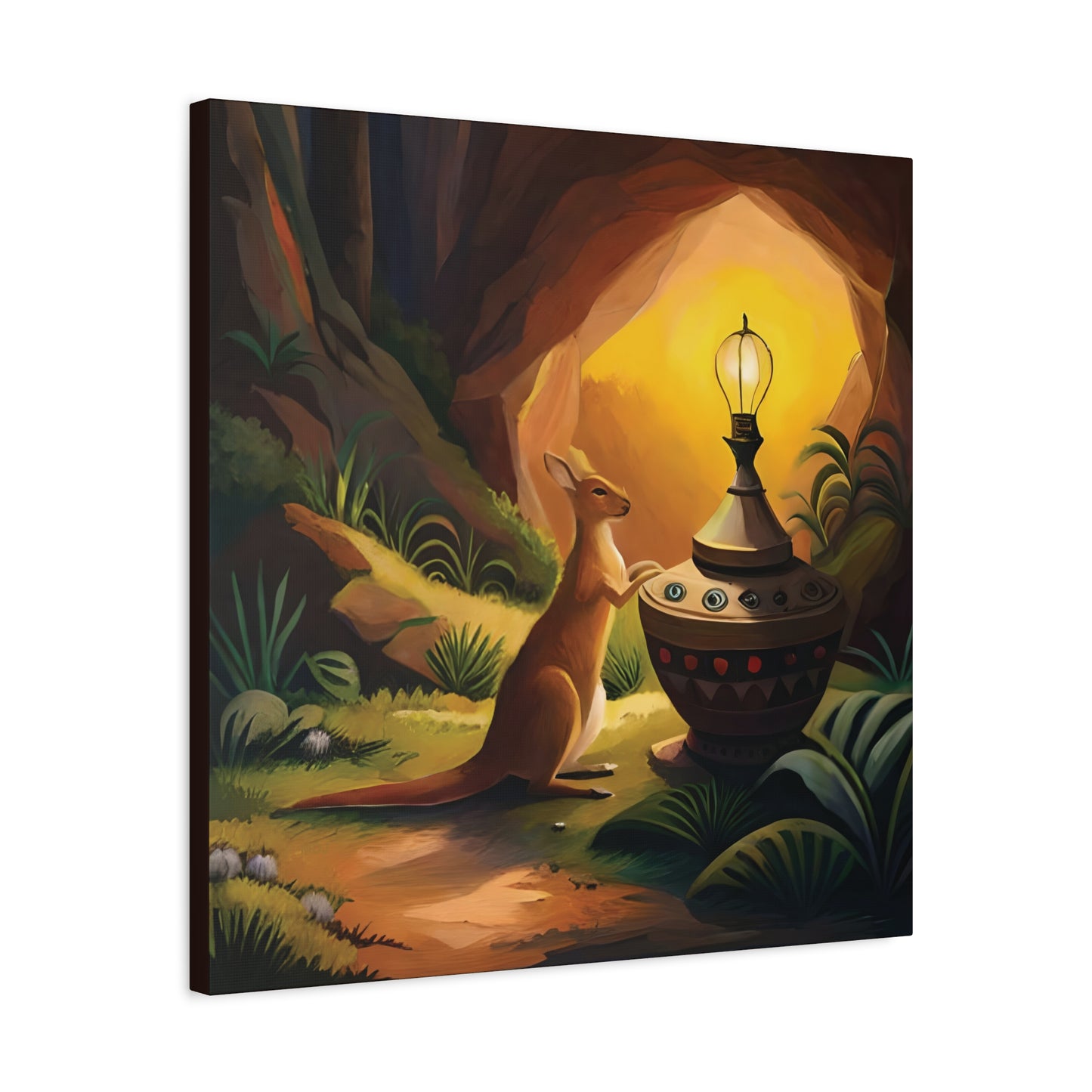 A Kangaroo at the Entrance of a Cave with a Mysterious Lamp - Thick Matte Canvas Print