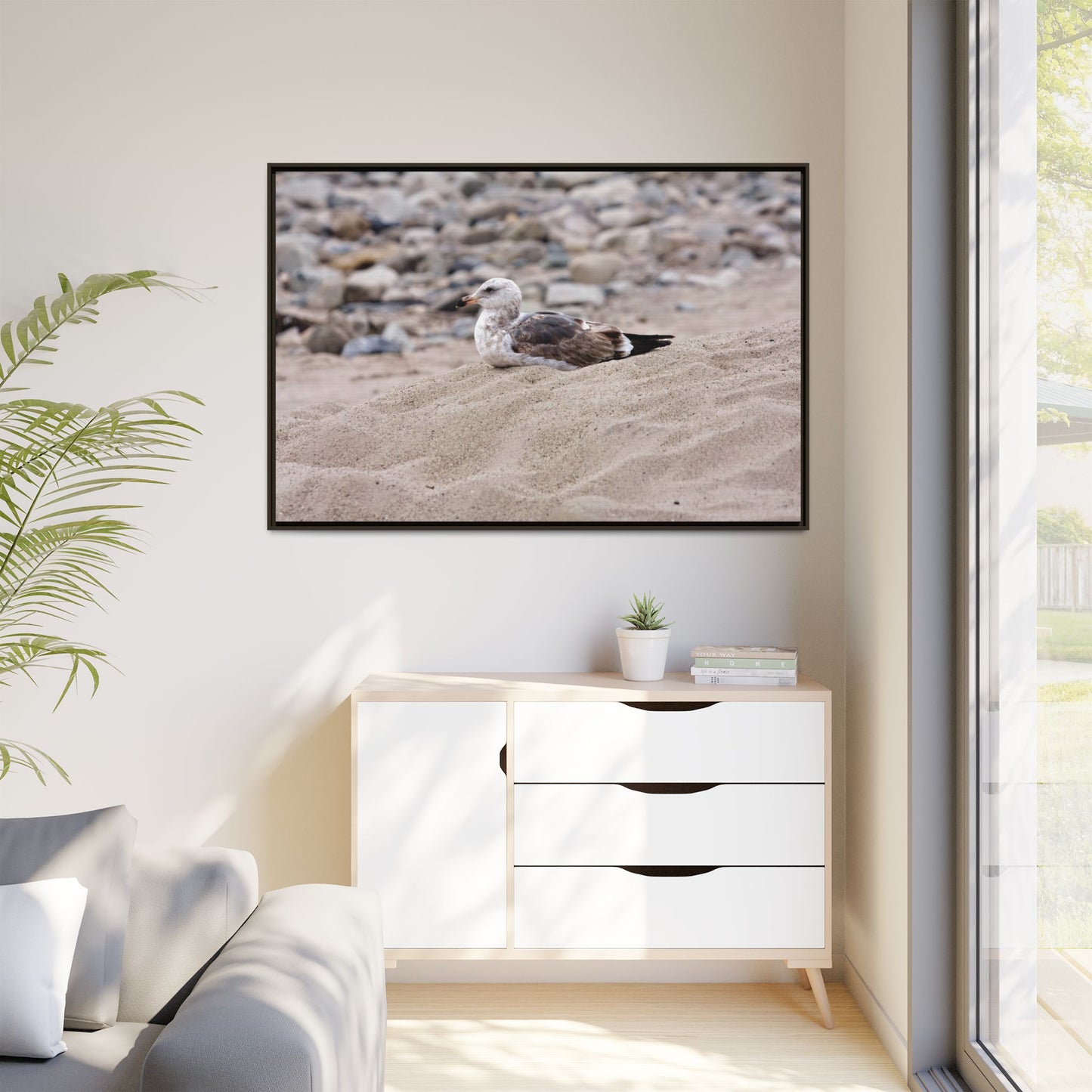 Seagull Serenity on the Shore 4278 - Thick Matte Canvas Print, Framed