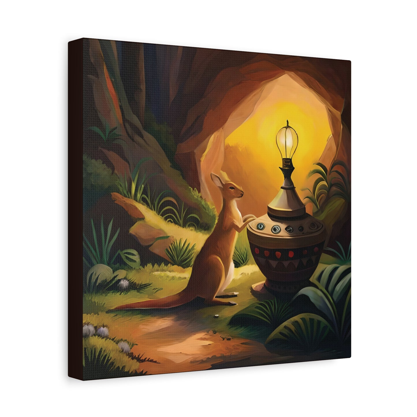 A Kangaroo at the Entrance of a Cave with a Mysterious Lamp - Thick Matte Canvas Print