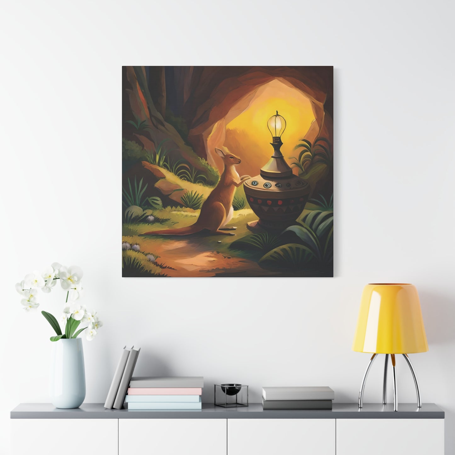 A Kangaroo at the Entrance of a Cave with a Mysterious Lamp - Thick Matte Canvas Print