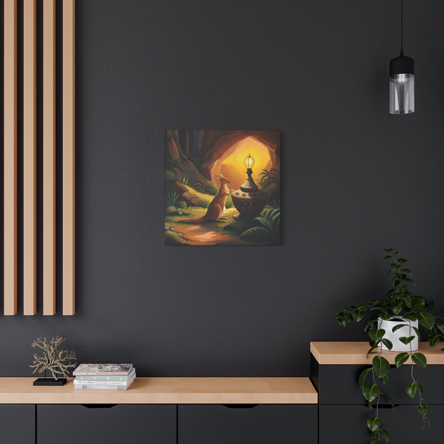 A Kangaroo at the Entrance of a Cave with a Mysterious Lamp - Thick Matte Canvas Print