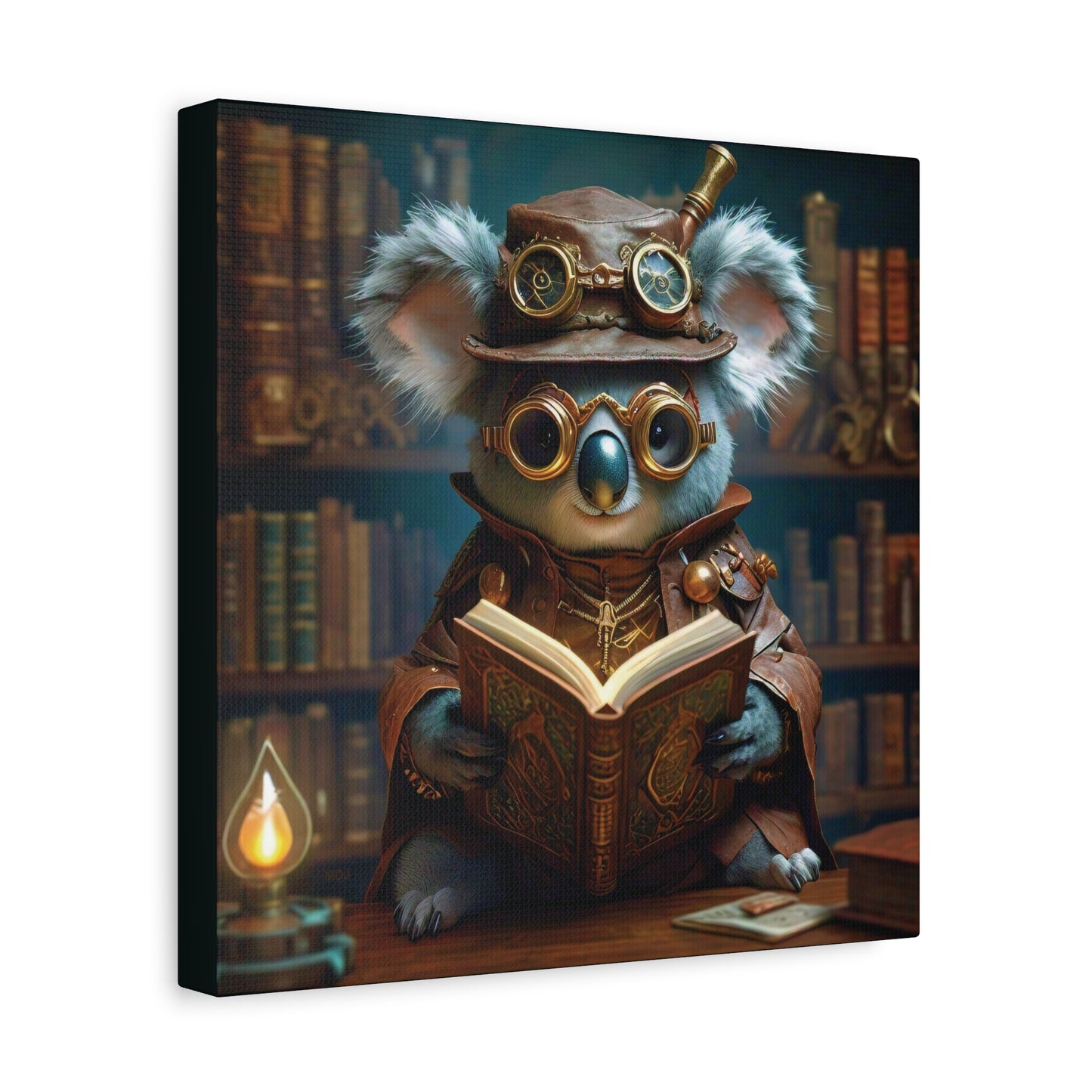 Steampunk Koala Warlock Reading Grimoire - Thick Matte Canvas Print