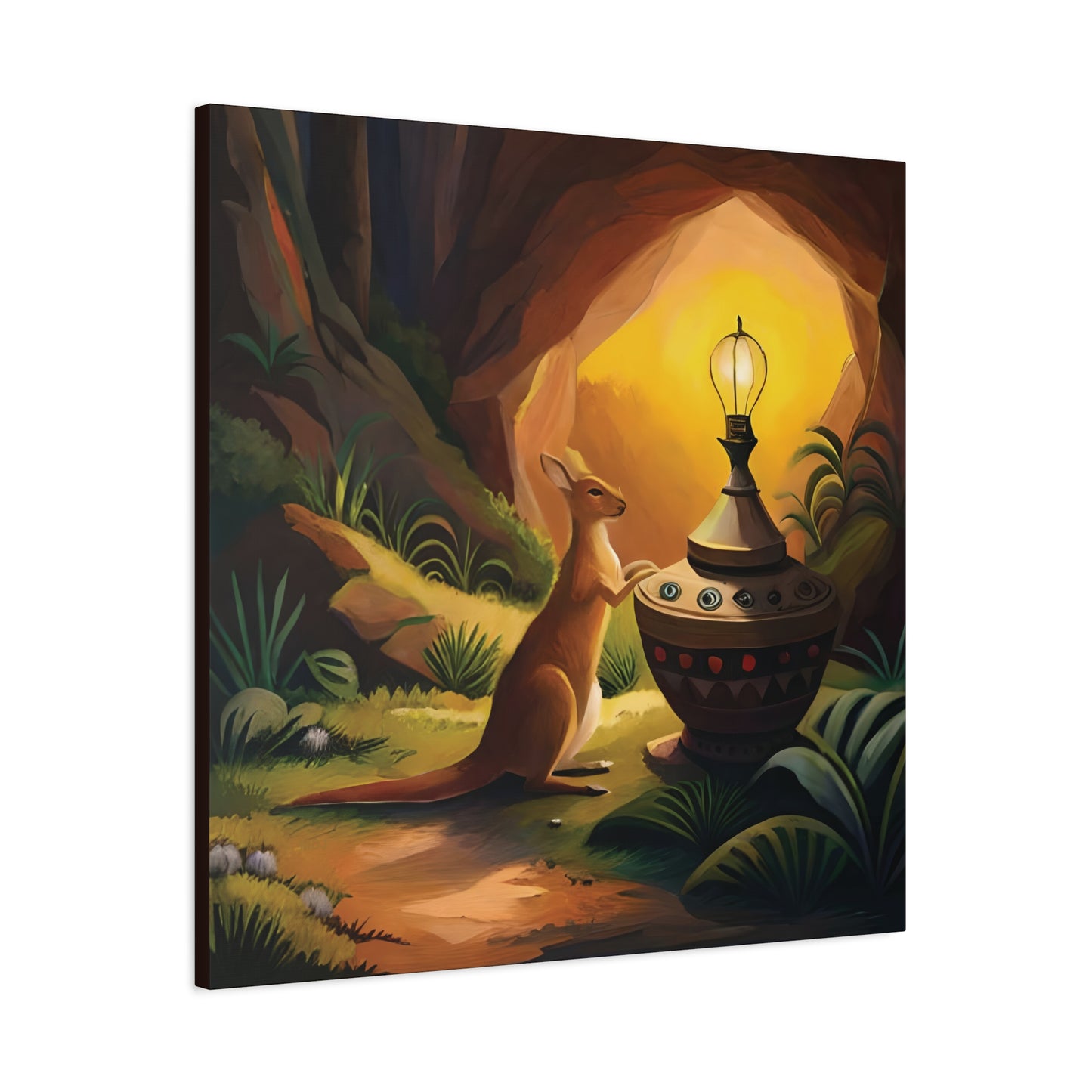 A Kangaroo at the Entrance of a Cave with a Mysterious Lamp - Thick Matte Canvas Print