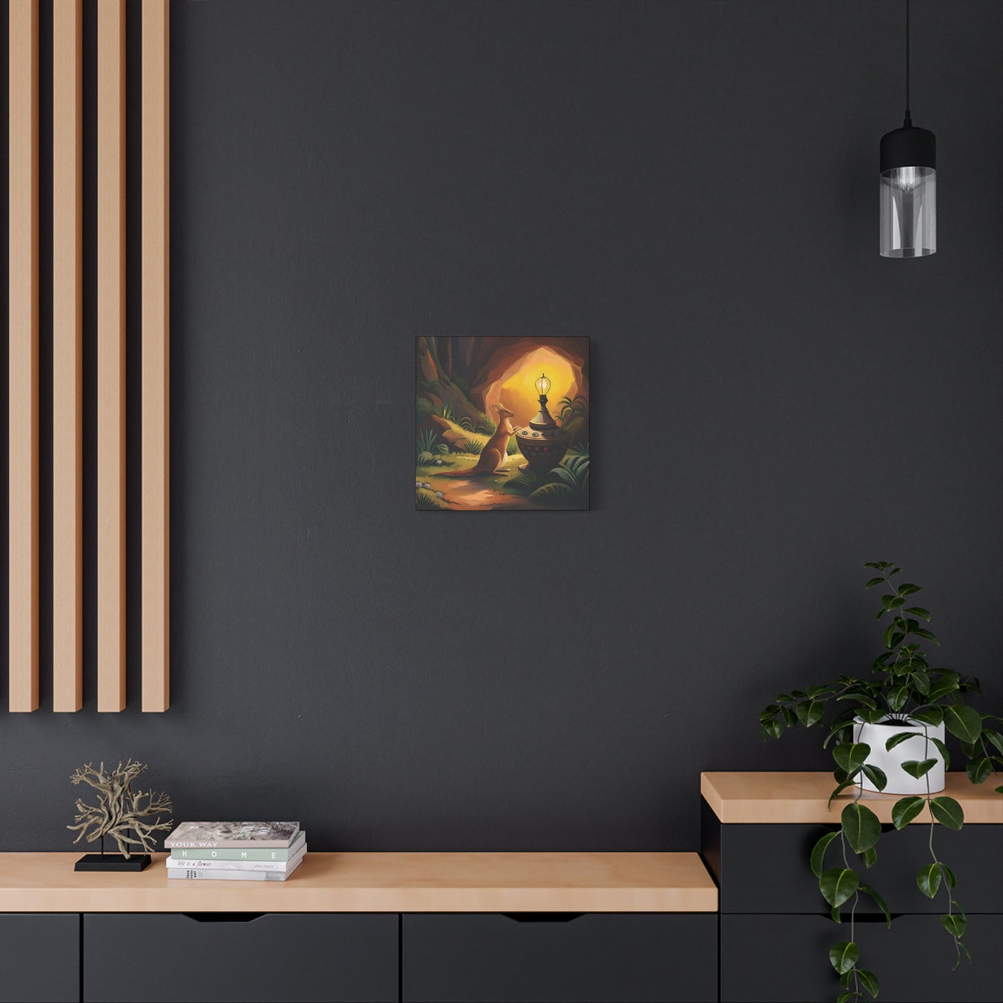 A Kangaroo at the Entrance of a Cave with a Mysterious Lamp - Thick Matte Canvas Print