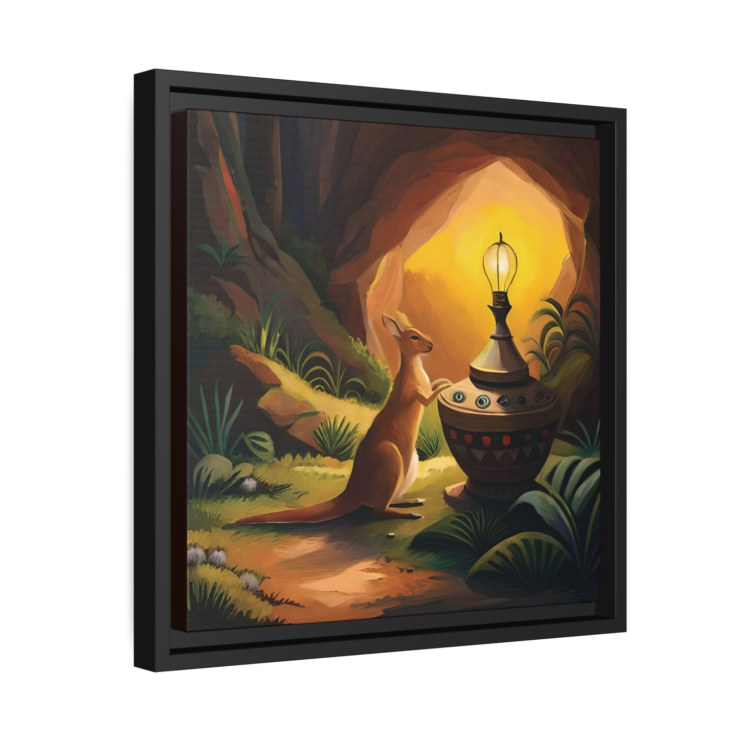 A Kangaroo at the Entrance of a Cave with a Mysterious Lamp - Thick Matte Canvas Print, Black Frame