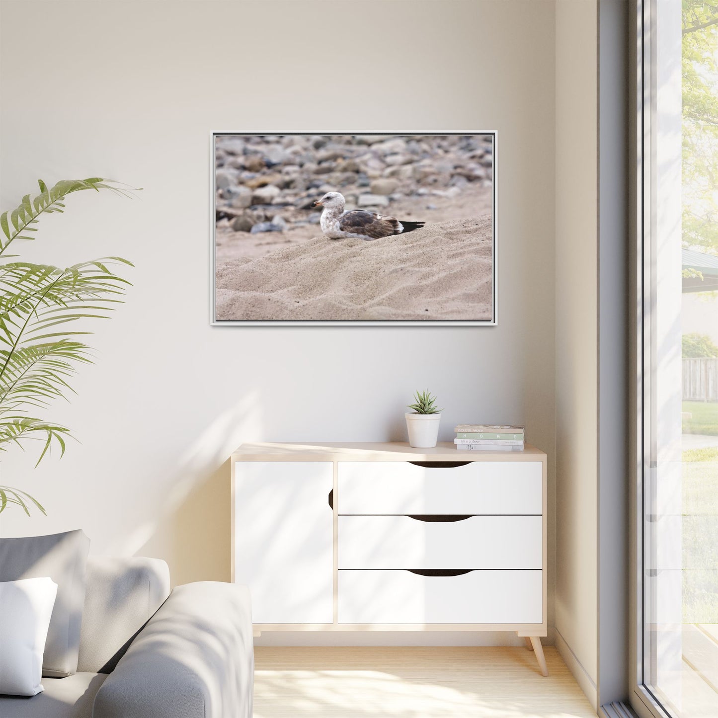 Seagull Serenity on the Shore 4278 - Thick Matte Canvas Print, Framed