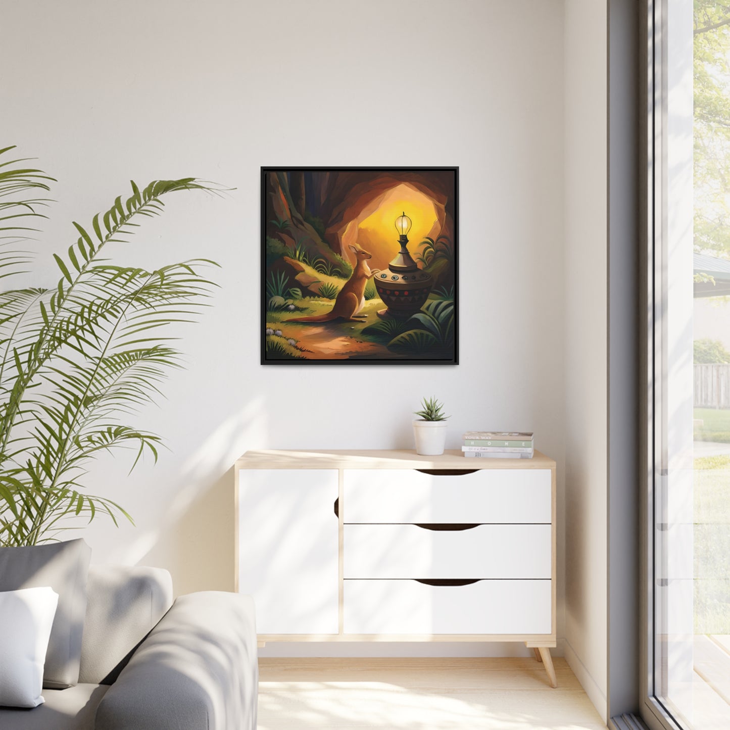 A Kangaroo at the Entrance of a Cave with a Mysterious Lamp - Thick Matte Canvas Print, Black Frame