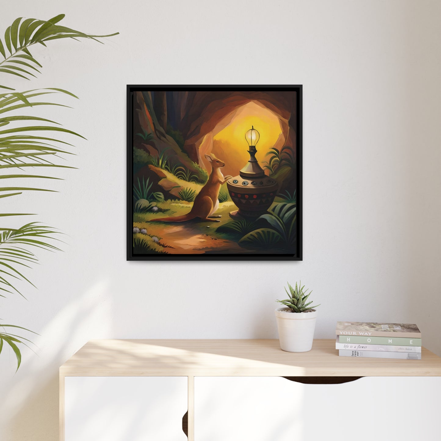 A Kangaroo at the Entrance of a Cave with a Mysterious Lamp - Thick Matte Canvas Print, Black Frame