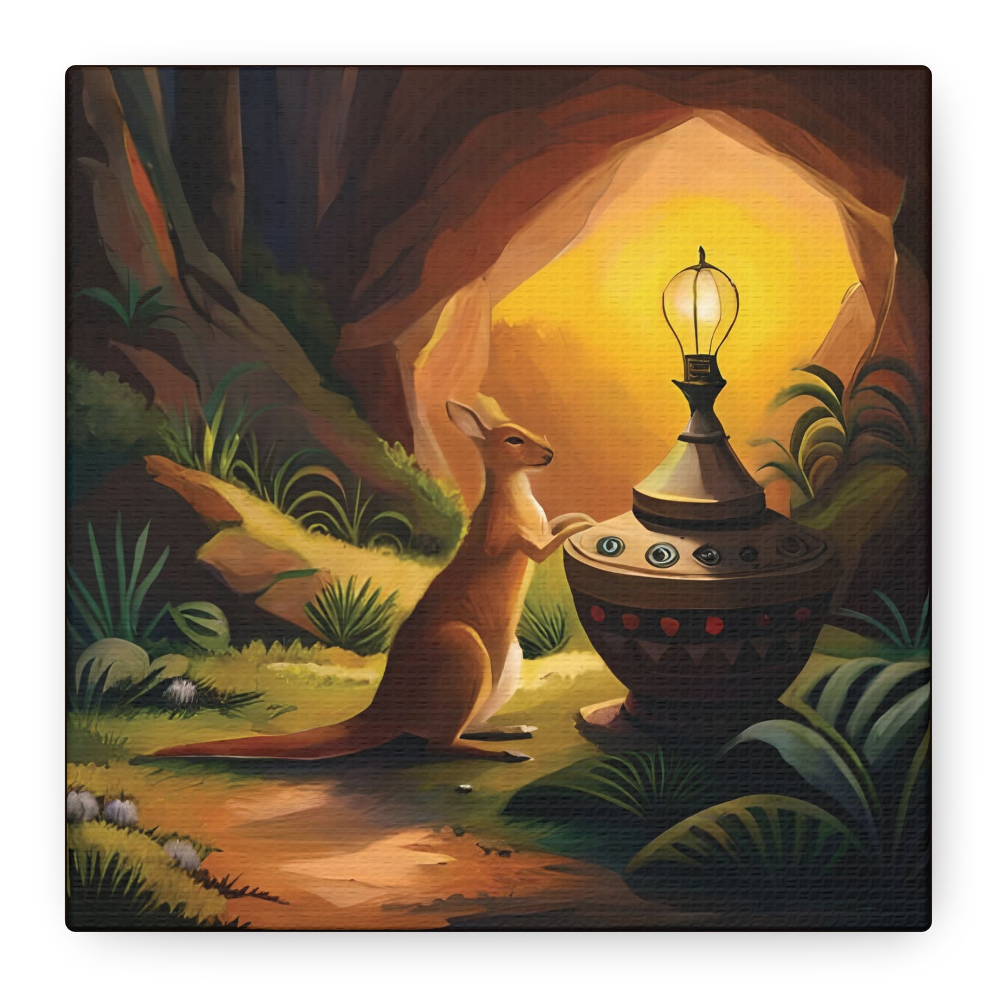 A Kangaroo at the Entrance of a Cave with a Mysterious Lamp - Thick Matte Canvas Print